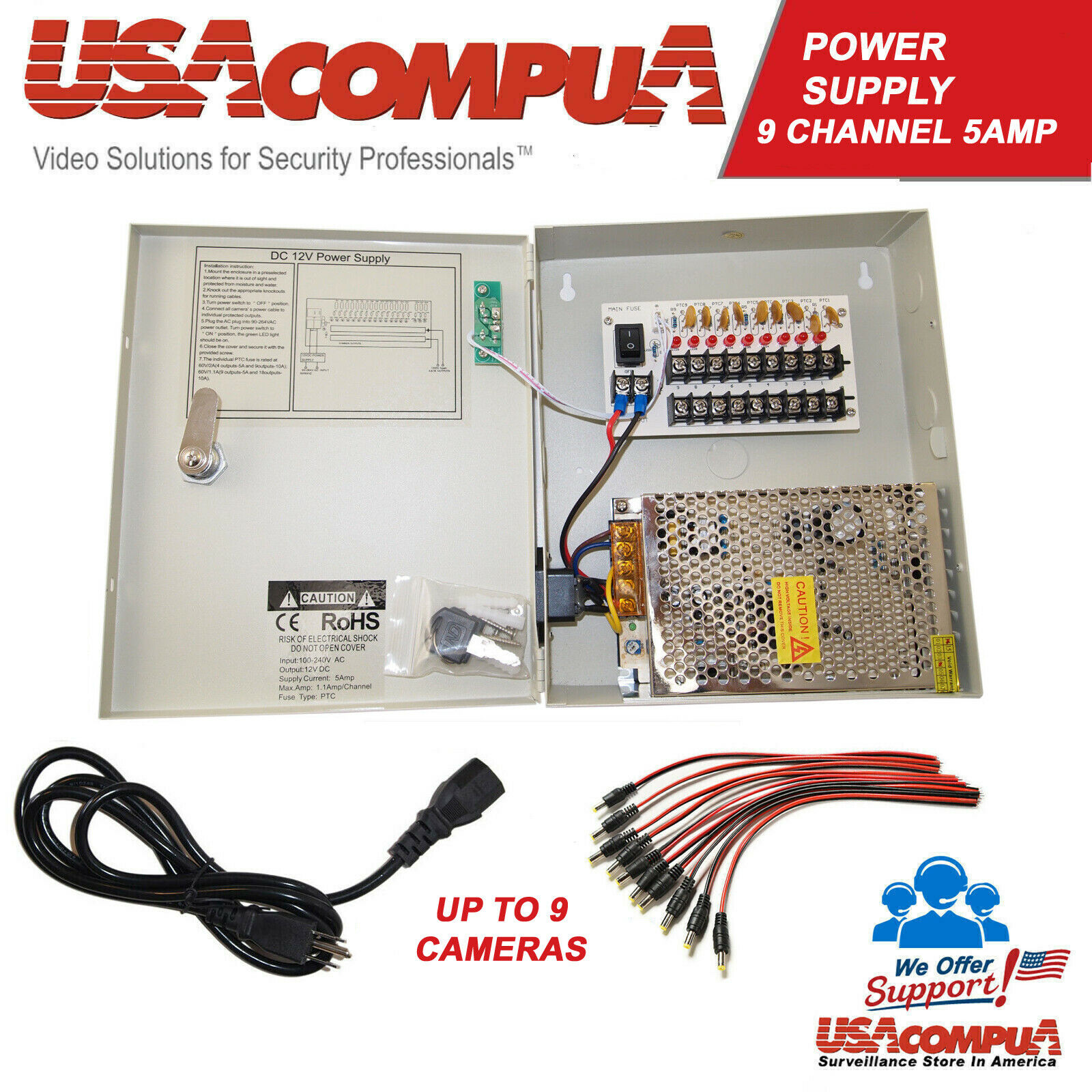9 CH Power Supply CCTV Camera Port 12V 5A DC+ Pigtail Auto Reset CP1209-5A