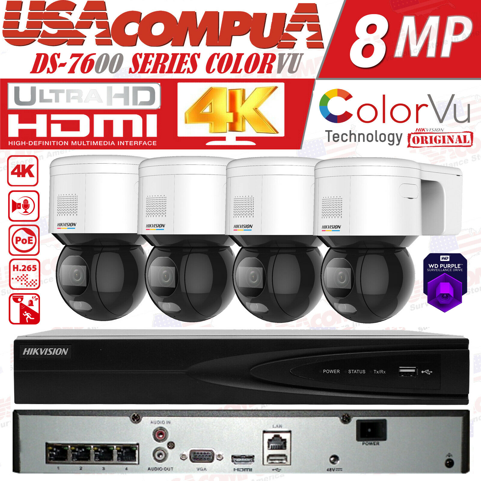 Hikvision 4CH 4PoE NVR 4K 4MP PTZ 4X Digital Zoom Security IP ColorVu Camera Lot