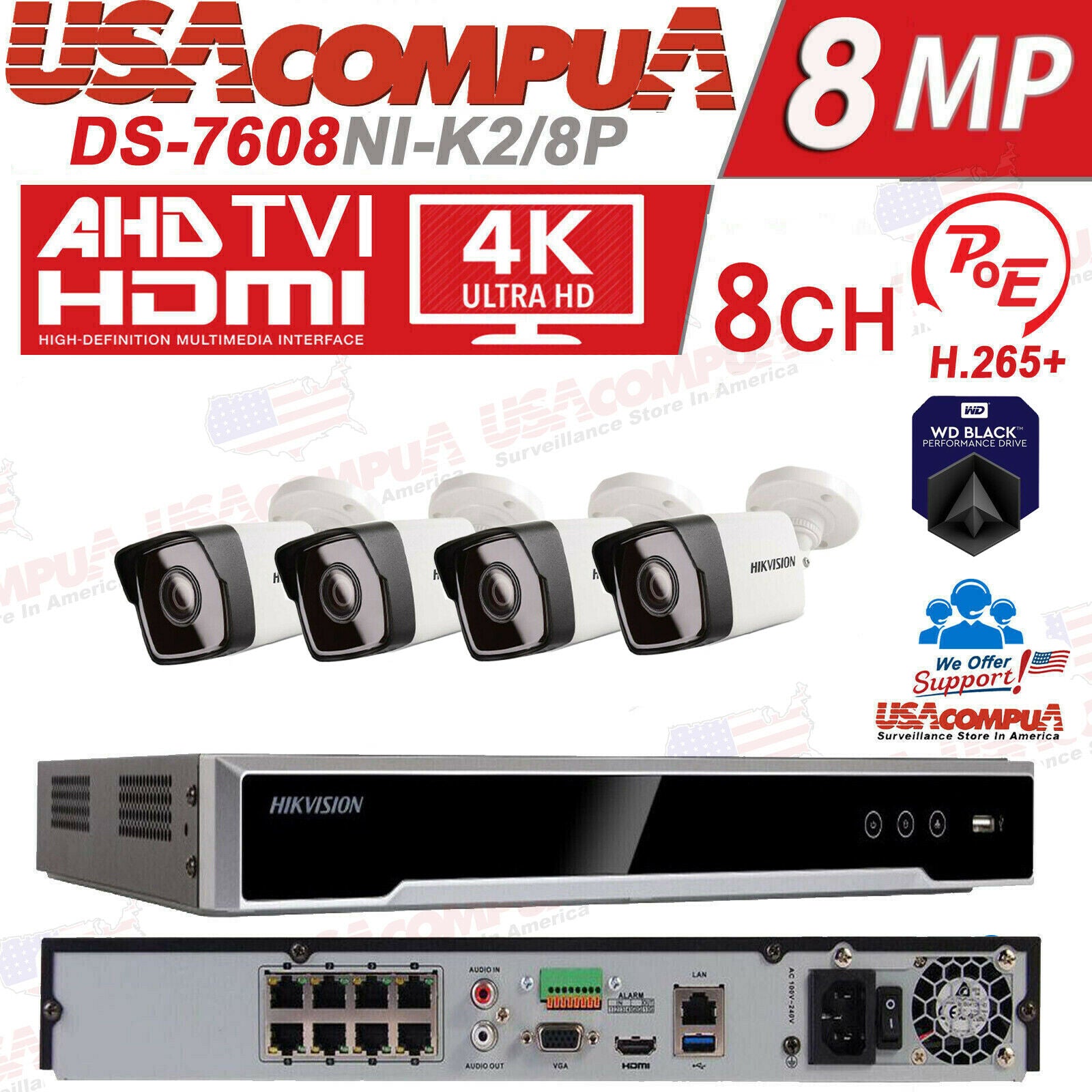 Hikvision DS-2CD1043G0-I & DS-7608NI-K2 8CH SECURITY SYSTEM POE BULLET 4MP IPV67