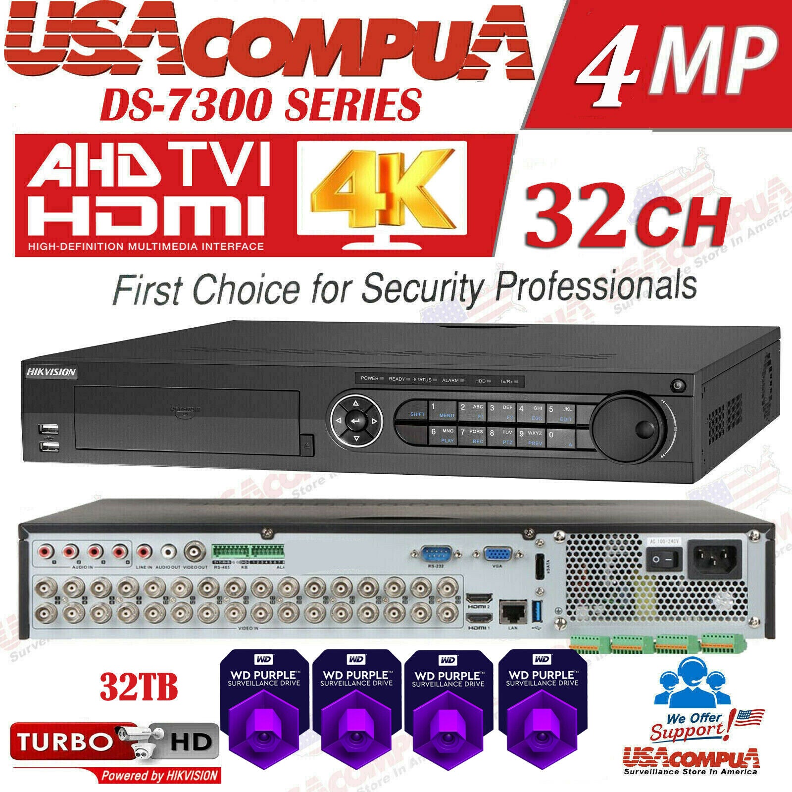 DS-7332HQHI-K4 Hikvision 32 CHANNEL DVR 32CH HIBRYD 4MP 8CH IP OPTIONAL HDD
