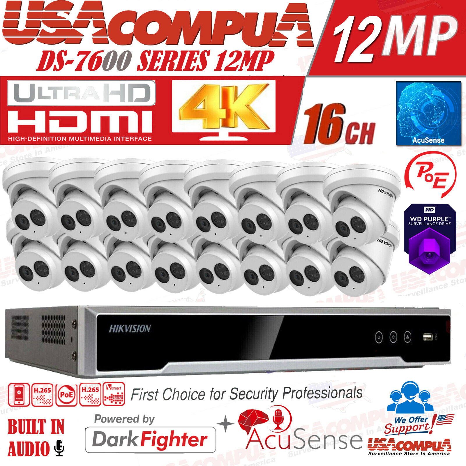 Hikvision Acusense 4K 16ch PoE CCTV System 8MP Mic IP Camera DS-2CD2383G2-IU Lot