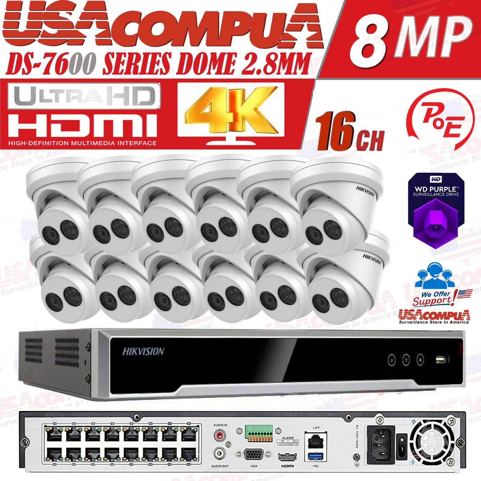 DS-2CD2383G0-IU & DS-7616NI-Q2 Hikvision 16CH 16POE NVR 4MP Turret Mic IP Camera