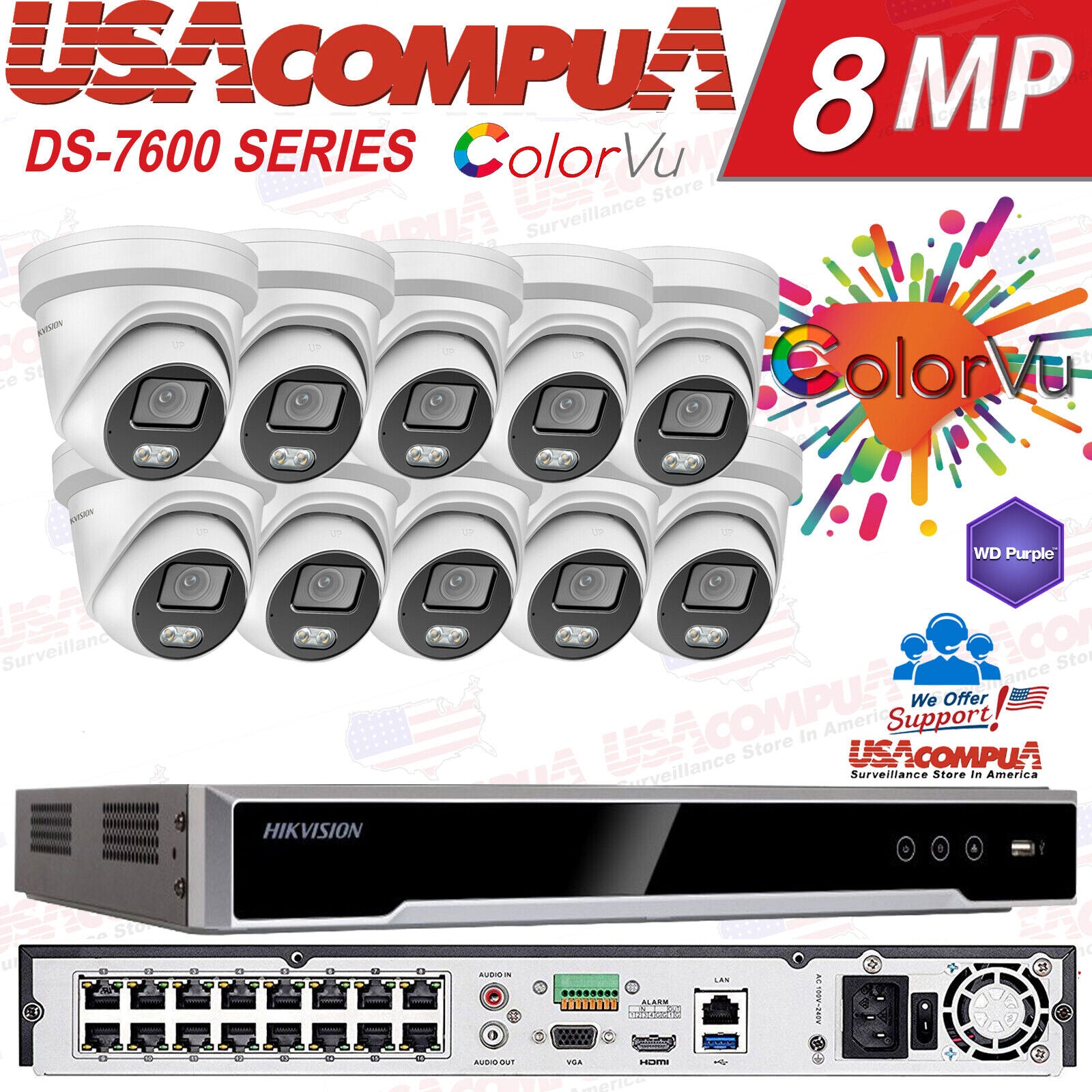 Hikvision 4K 16CH 4MP 16 POE Security IP Camera System ColorVu W/Audio NVR Lot