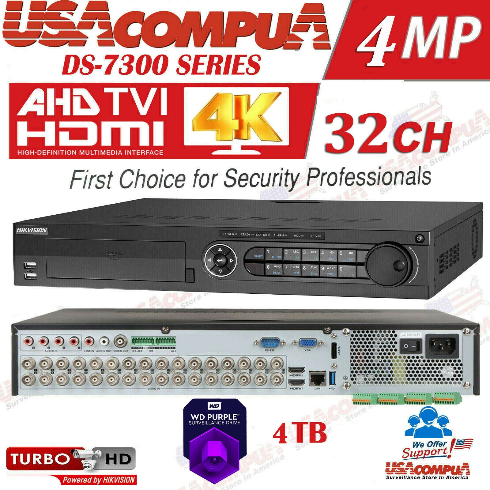 DS-7332HQHI-K4 Hikvision 32 CHANNEL DVR 32CH HIBRYD 4MP 8CH IP OPTIONAL HDD