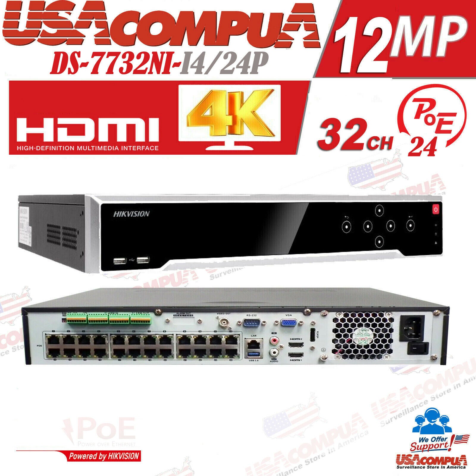 HIKVISION 32CHVI SECURITY CAMERA SYSTEM 12MP 24 POE BULLET ACUSENSE 4K 8MP W/HDD