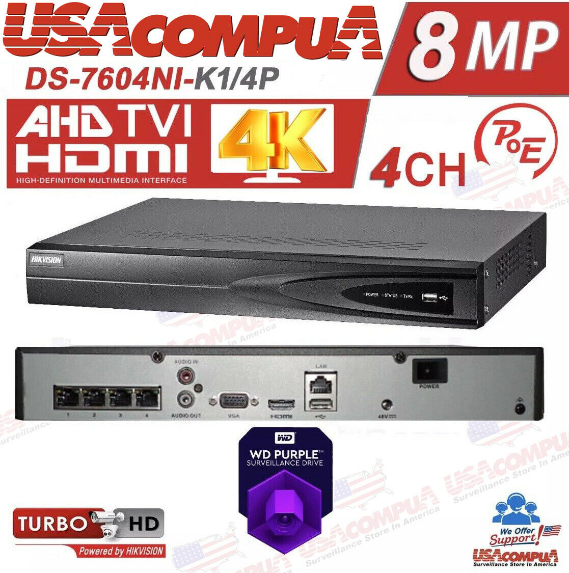 HIKVISION SECURITY SYSTEM 4CH POE / HDD INCLUDE 4 MEGAPIXEL ColorVu H,265+