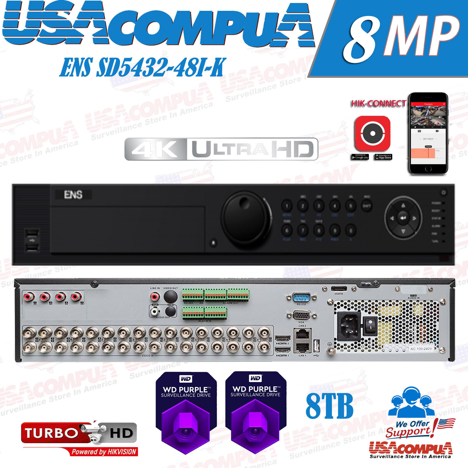 ENS SD5432-48I-K 32CH 8TB All-in-One 4K High Definition DVR H.265pro+/ Output