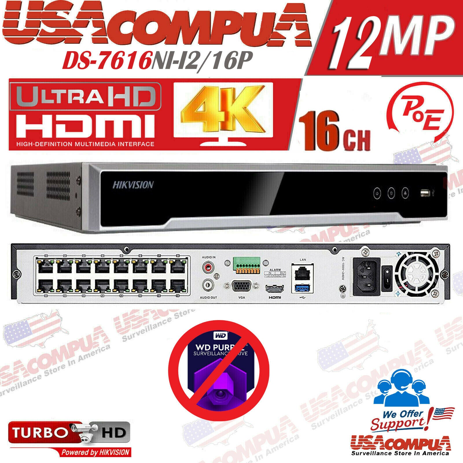 HIKVISION 16CH NVR POE 12MP 4K-UHD DS-7616NI-I2/16P H265+ ENGLISH VERSION