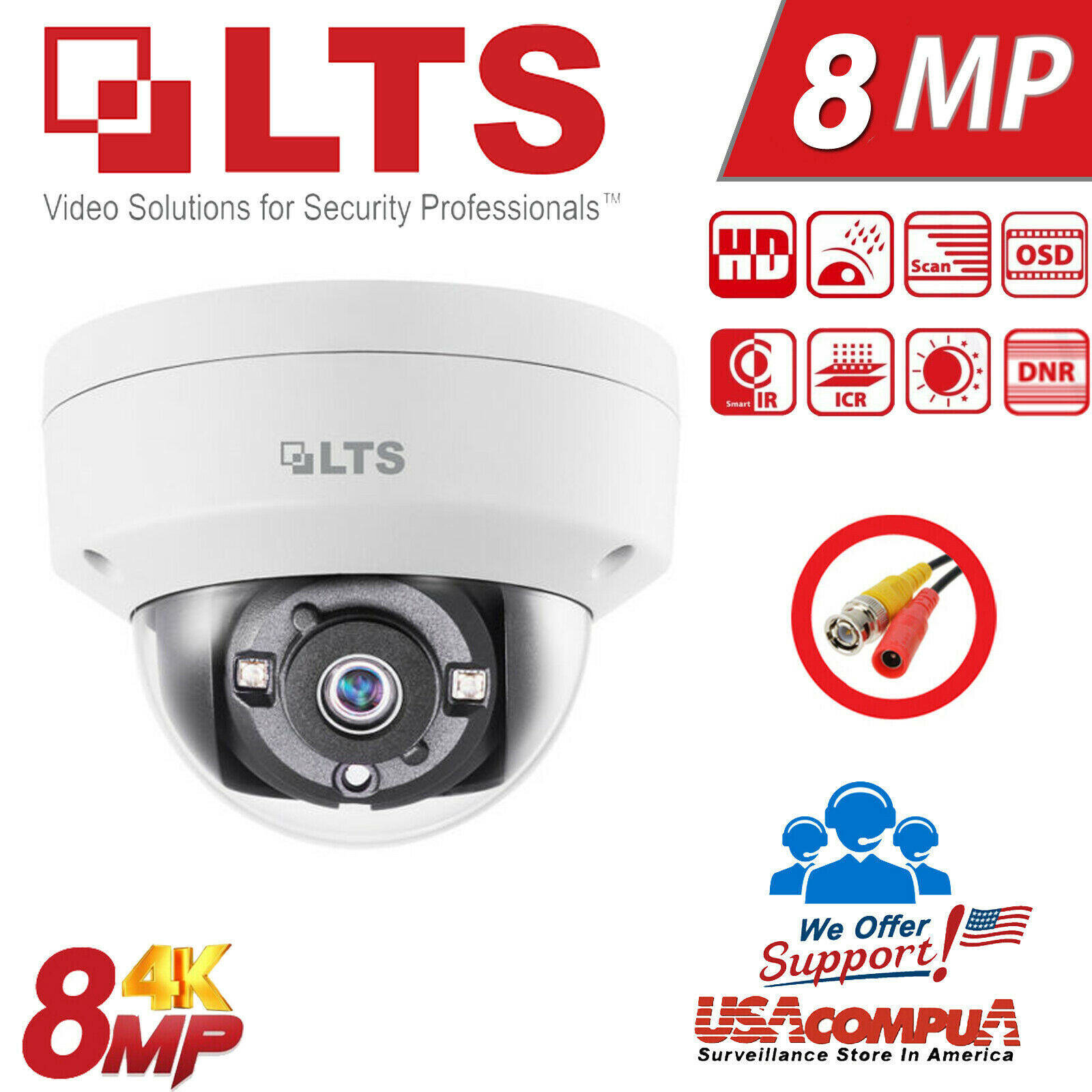 LTS 8MP 4K Matrix IR Vandal Dome 4-in-1 Camera: HD-TVI/CVI/AHD/CVBS, 3.6mm, 30m