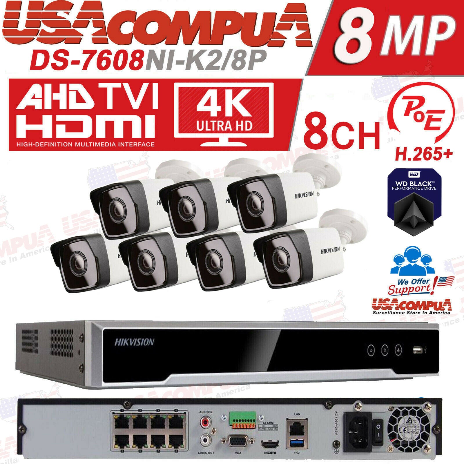 Hikvision DS-2CD1043G0-I & DS-7608NI-K2 8CH SECURITY SYSTEM POE BULLET 4MP IPV67