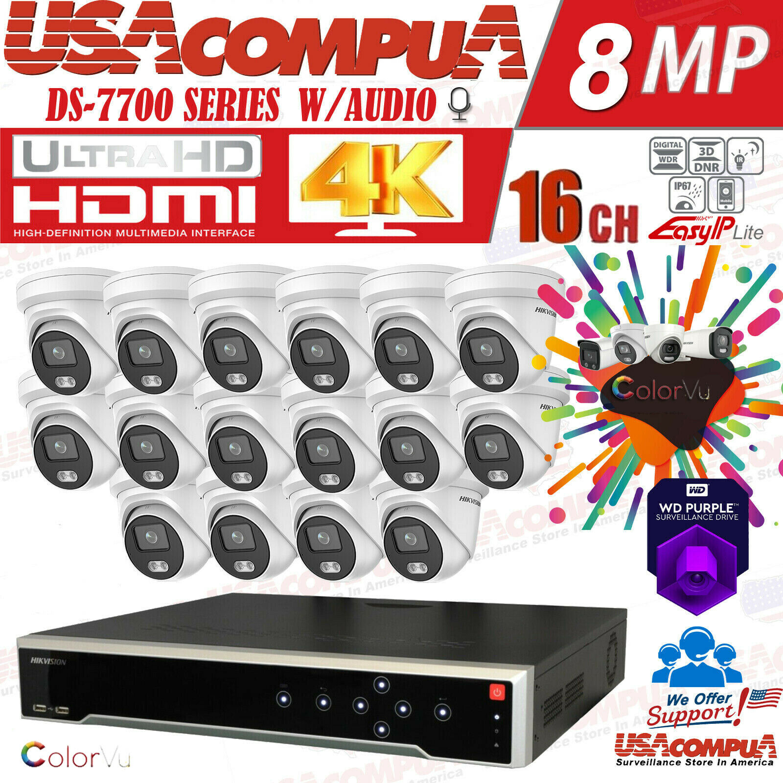 HIKVISION 4K SECURITY SYSTEM 8MP 16CH 4TB 16 CAMERAS 4 MEGAPIXEL COLORVU