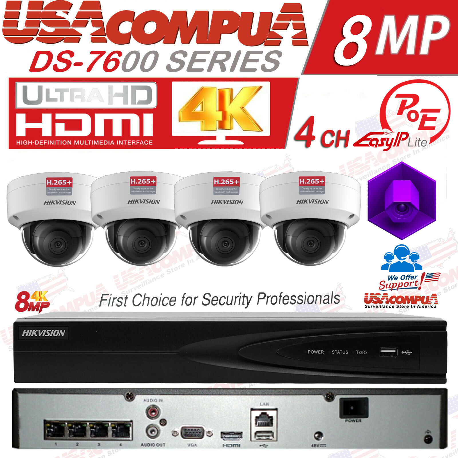 HIKVISION 8MP IP/POE SYSTEM 4K UHD 4CH NVR DS-2CD2183G2-IS & DS-7604NI-K1/