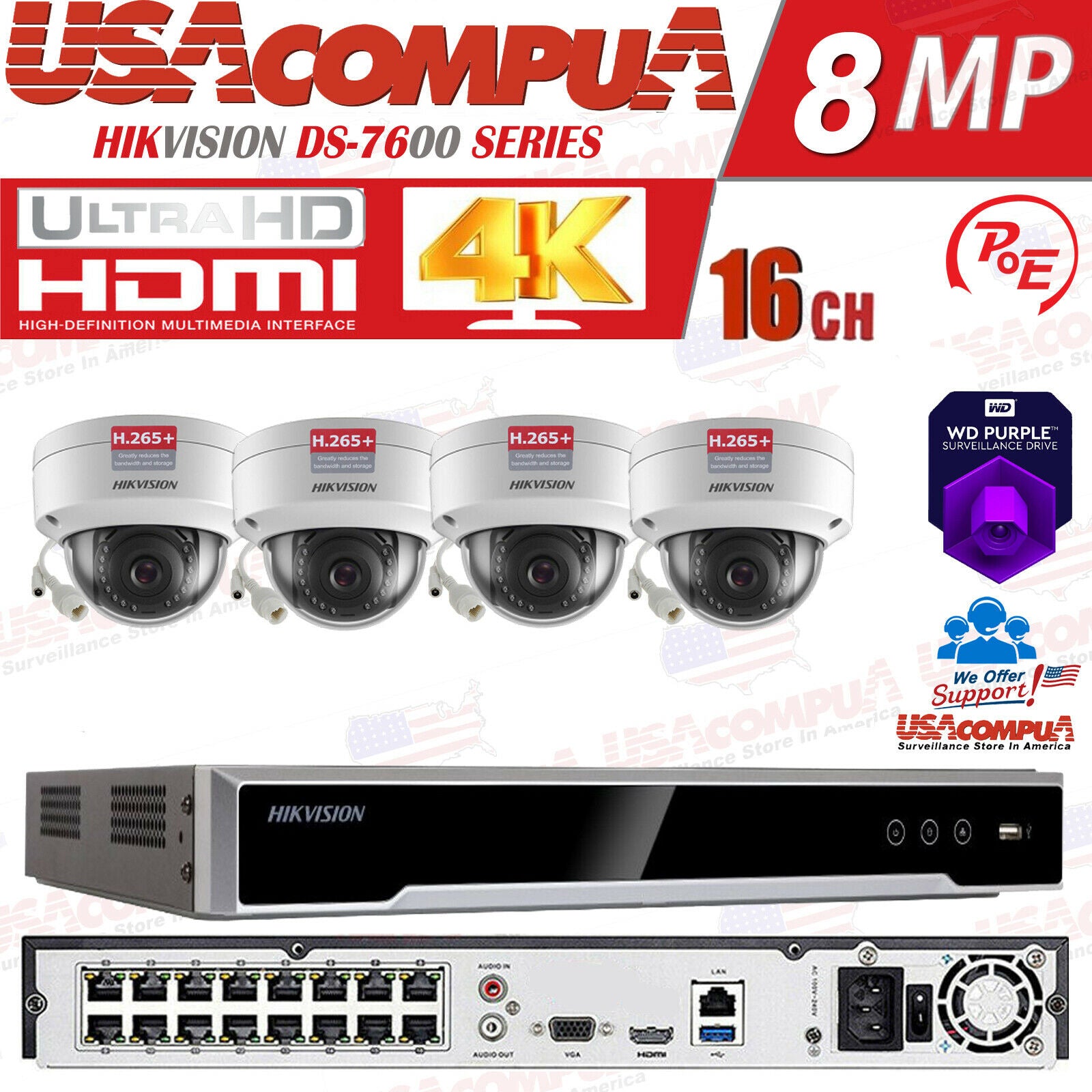 Hikvision 2MP 16CH 4K NVR System DS-2CD1123G0-I & DS-7616NI-Q2 KIT/LOT
