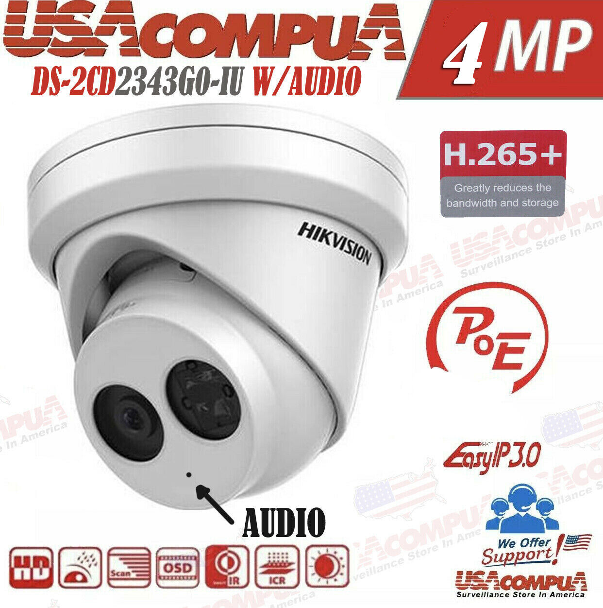 Hikvision 4MP POE Build-in Mic DS-2CD2343G0-IU Audio Turret Network IP Camera