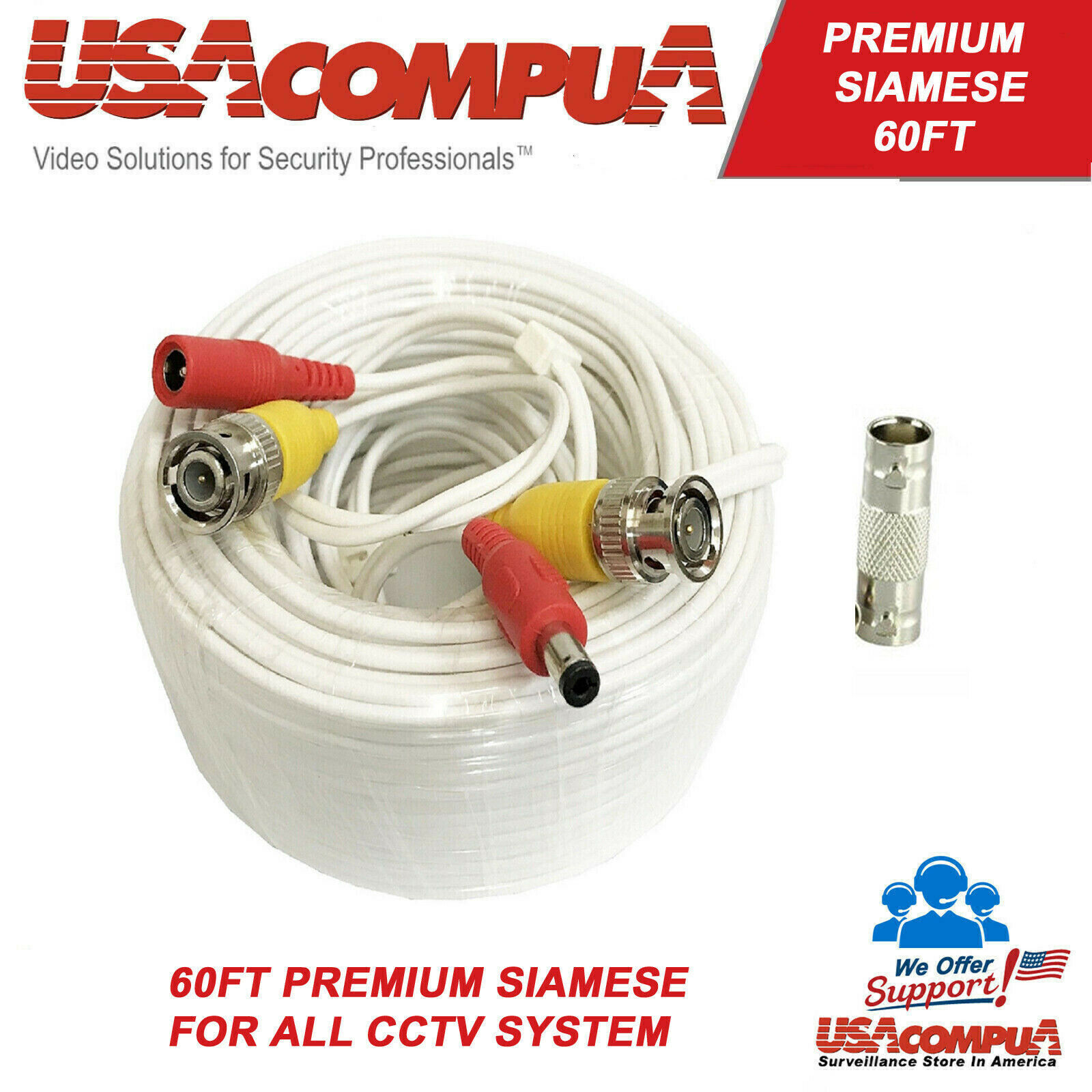 Extender Siamese 60FT CABLE WHITE PREMIUM CCTV Security Camera Video BNC Adapter
