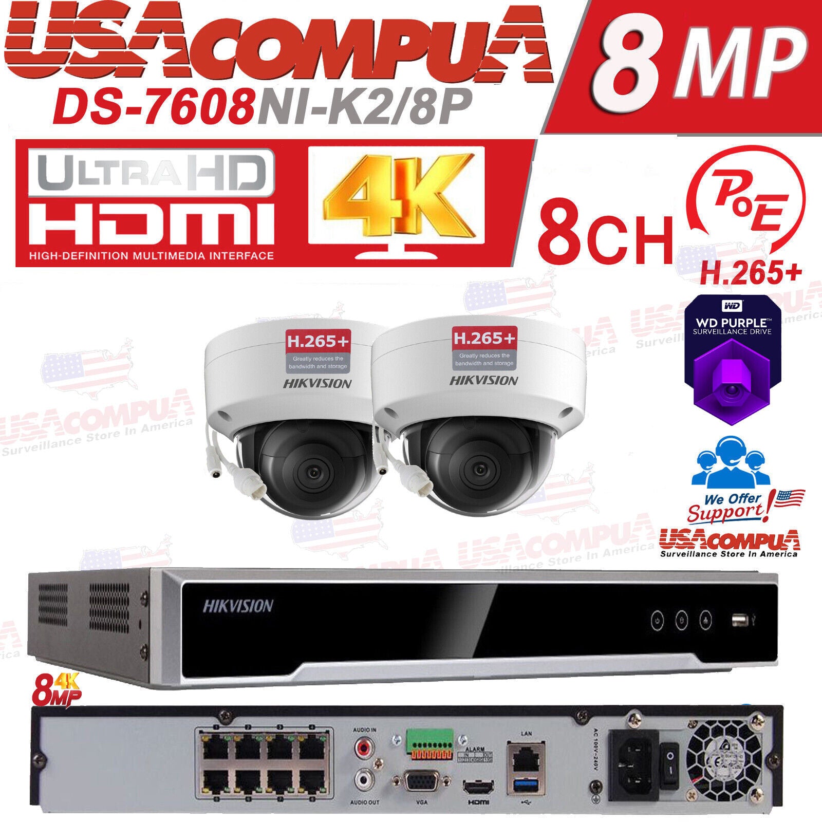 DS-2CD2183G0-I & DS-7616NI-K2 HIKVISION 4K security System Dome 8MP IP Camera