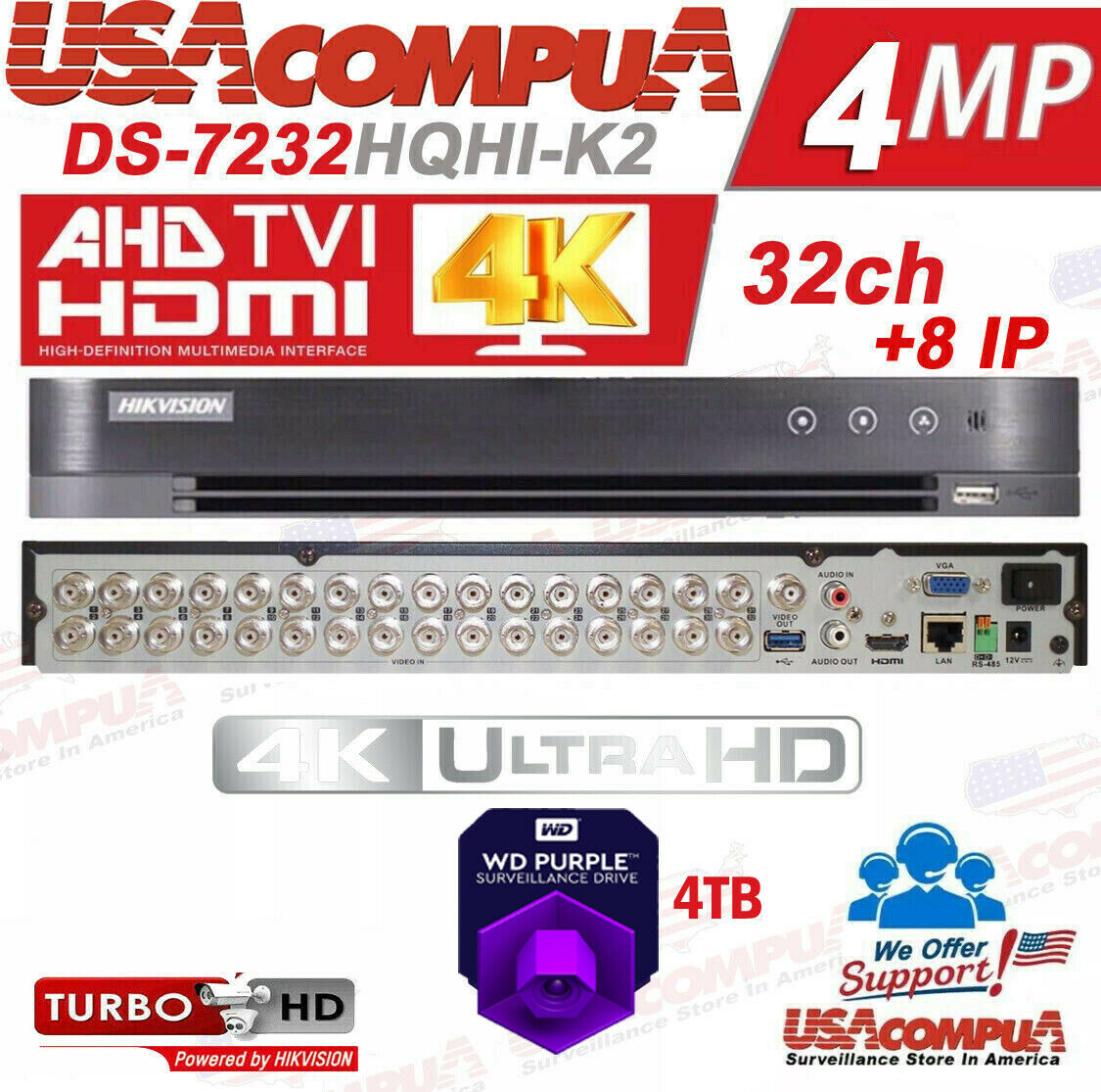 Hikvision 32 CH DVR DS-7232HQHI-K2 4MP Series TurboHD Tribrid (OPTIONAL HDD)