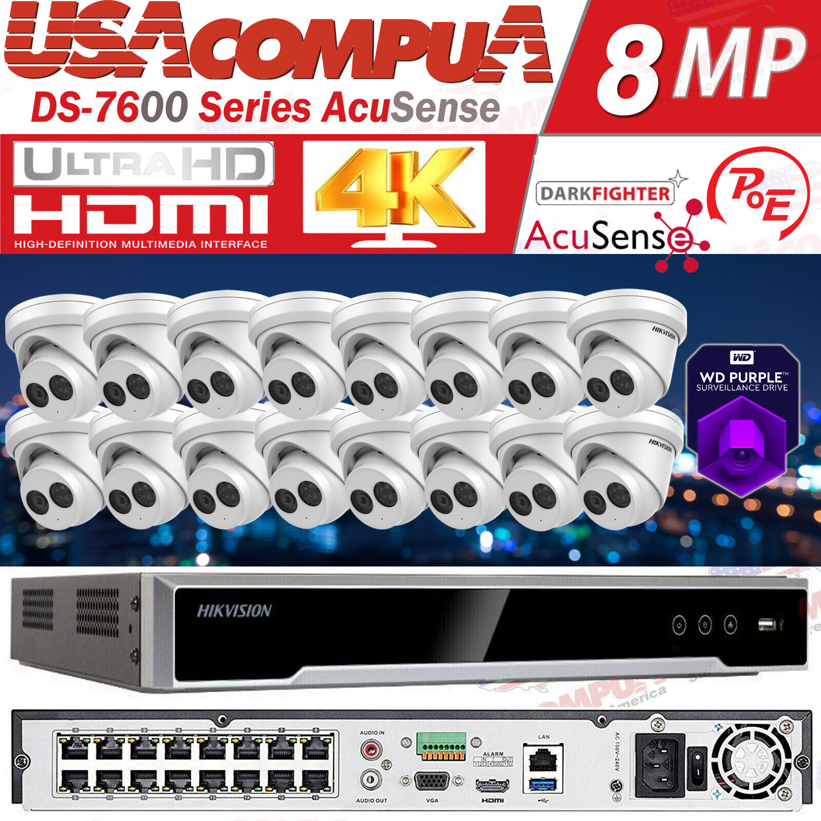 Hikvision NVR 4K 16CH 16POE CCTV System 8MP AcuSense MIC Security IP Camera 4TB