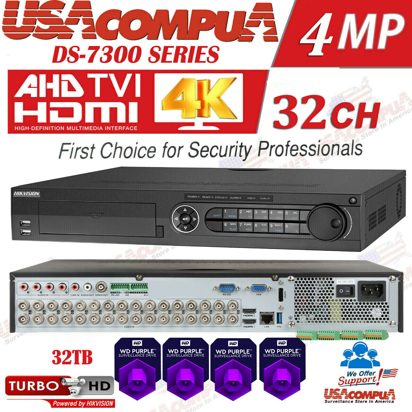 DS-7332HQHI-K4 Hikvision 32 CHANNEL DVR 32CH HIBRYD 4MP 8CH IP OPTIONAL HDD