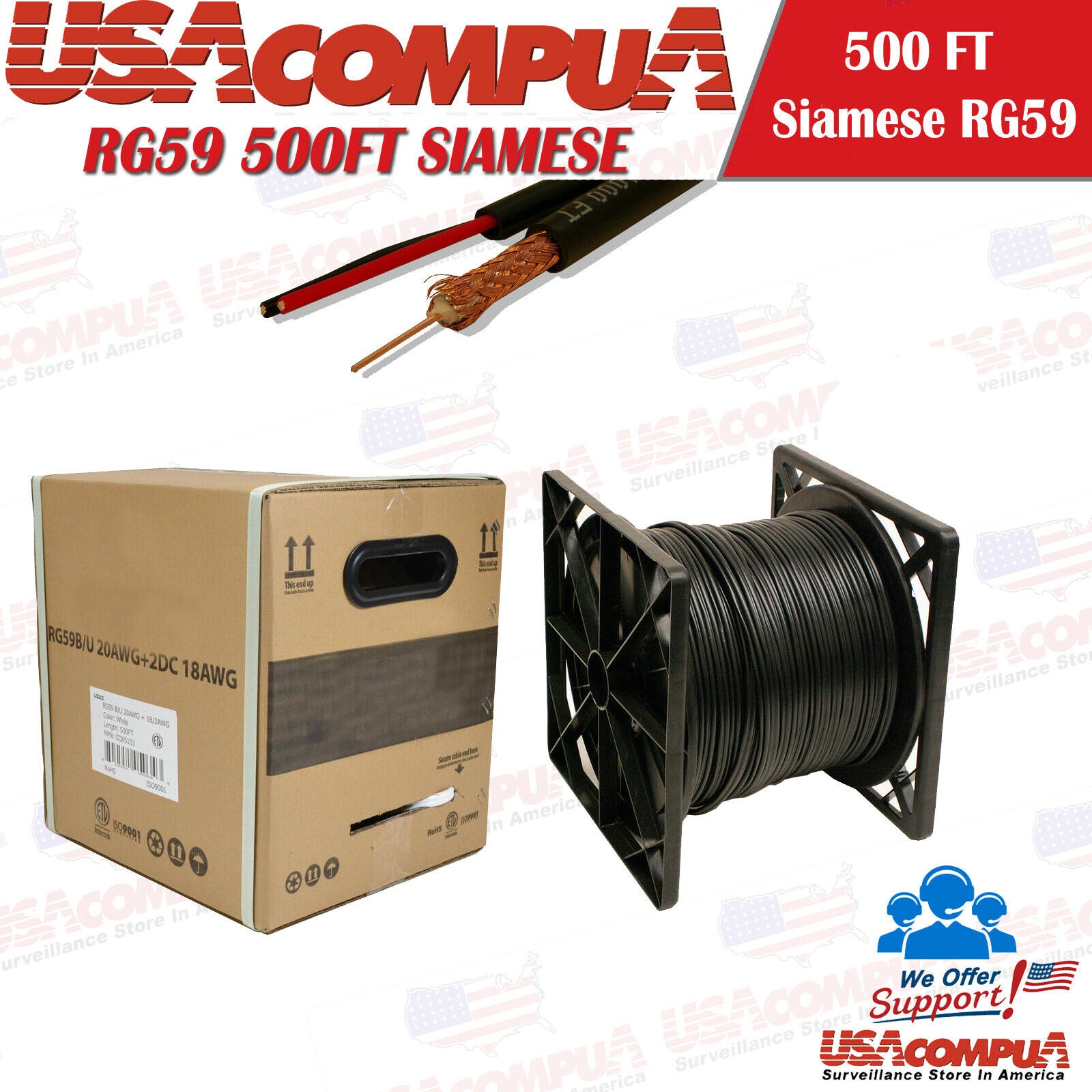 500FT RG-59 CCTV Siamese Cable 18/2AWG Wire BLACK / WHITE