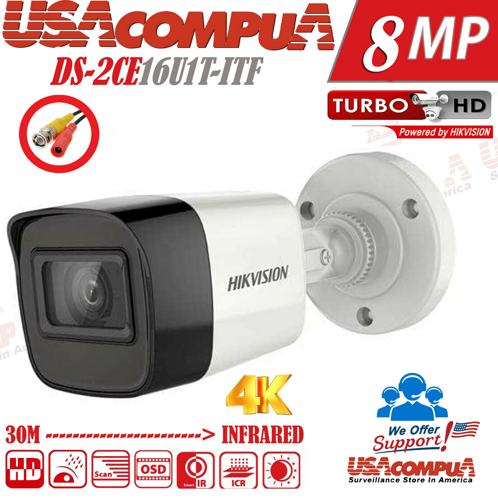 HIKVISION 8MP 4K CAMERA TVI 8 Megapixel Bullet 2.8mm IR 30M IP67 DS-2CE16U1T-ITF