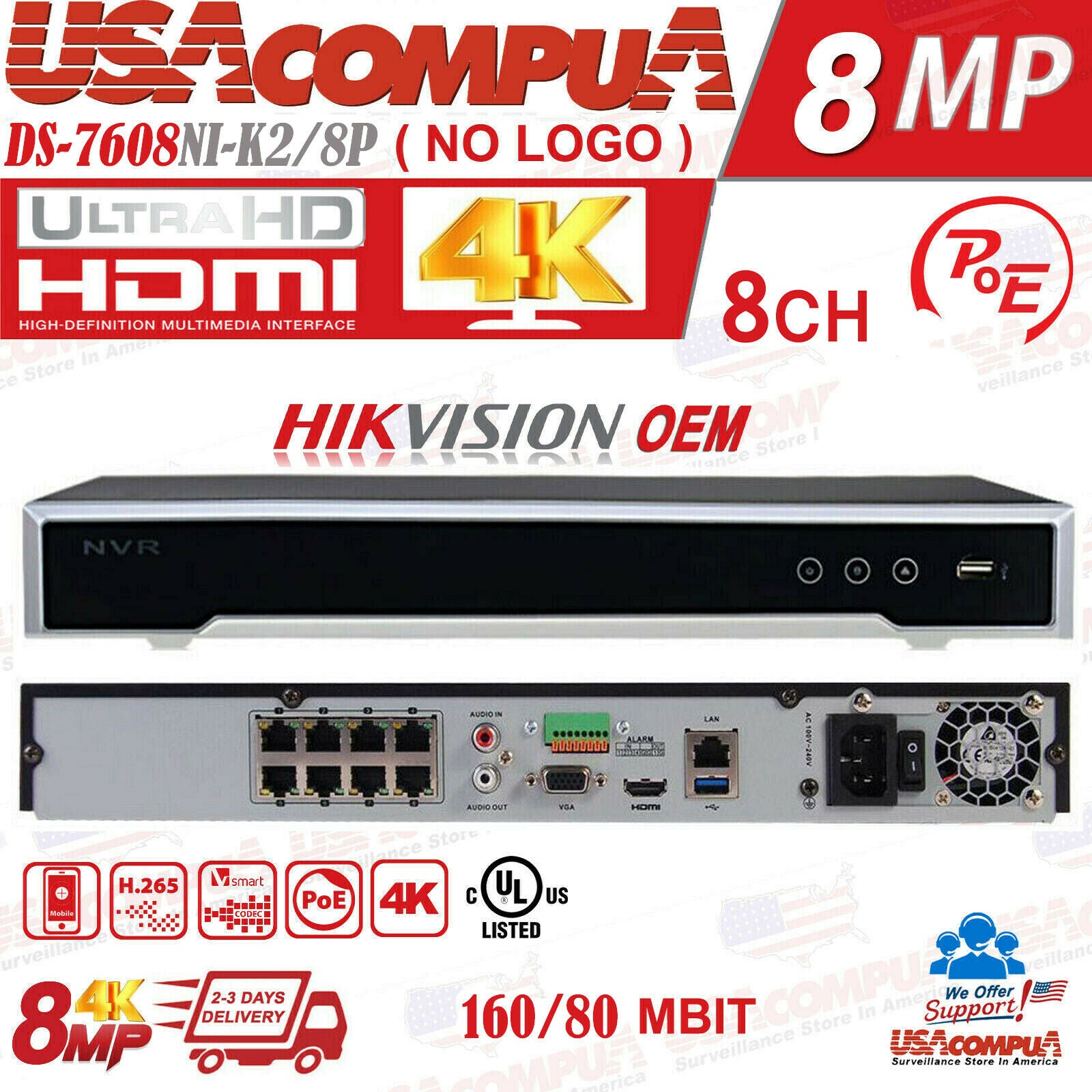 DS-7608NI-K2/8P OEM HIKVISION NVR 8CH 8 POE 4K Channel security H.265 (UL)