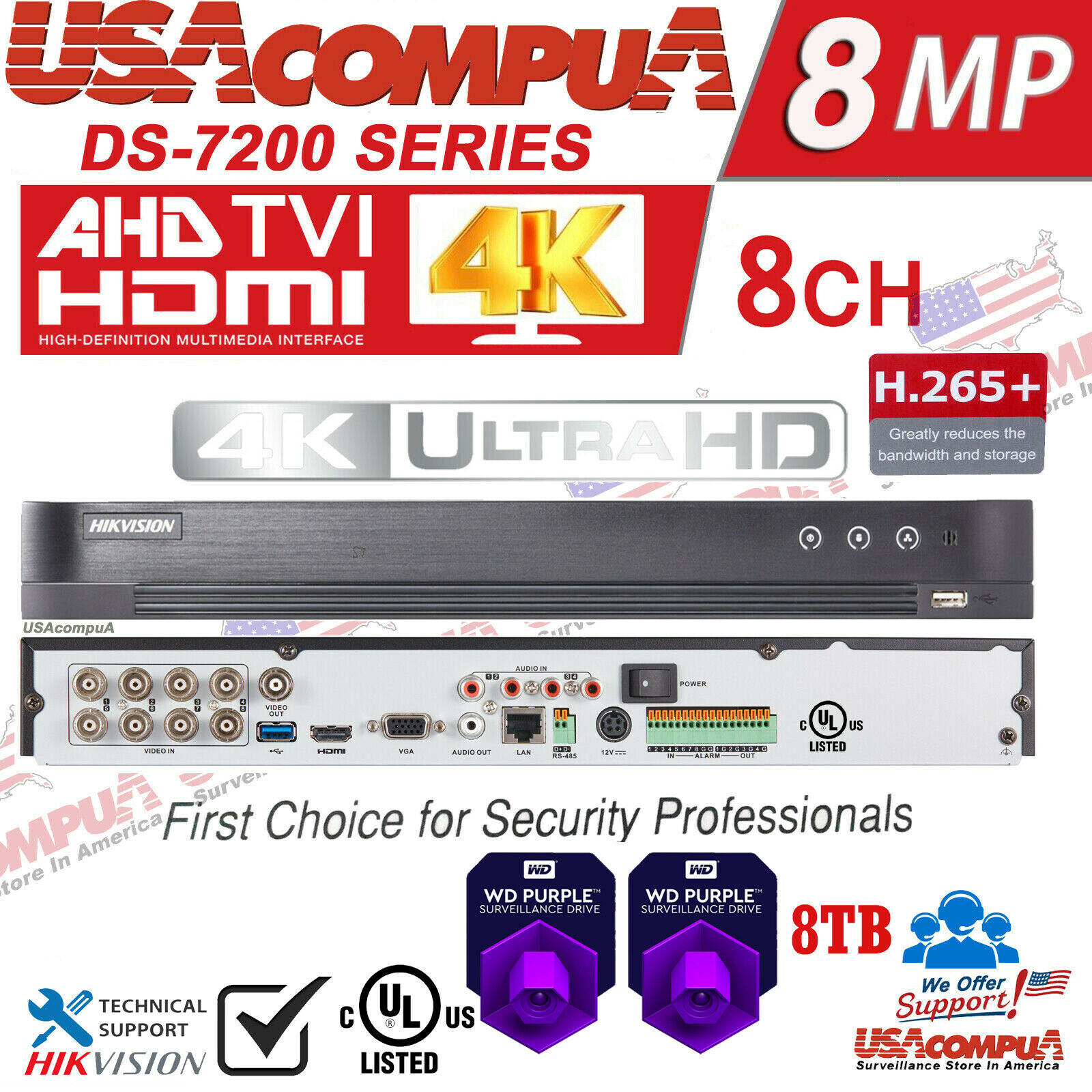 Hikvision IDS-7208HUHI-M2/P 8CH DVR 4K DVR-XVR 8 CHANNEL USA VERSION (UL) HYBRID WITH POWER OVER COAXIAL
