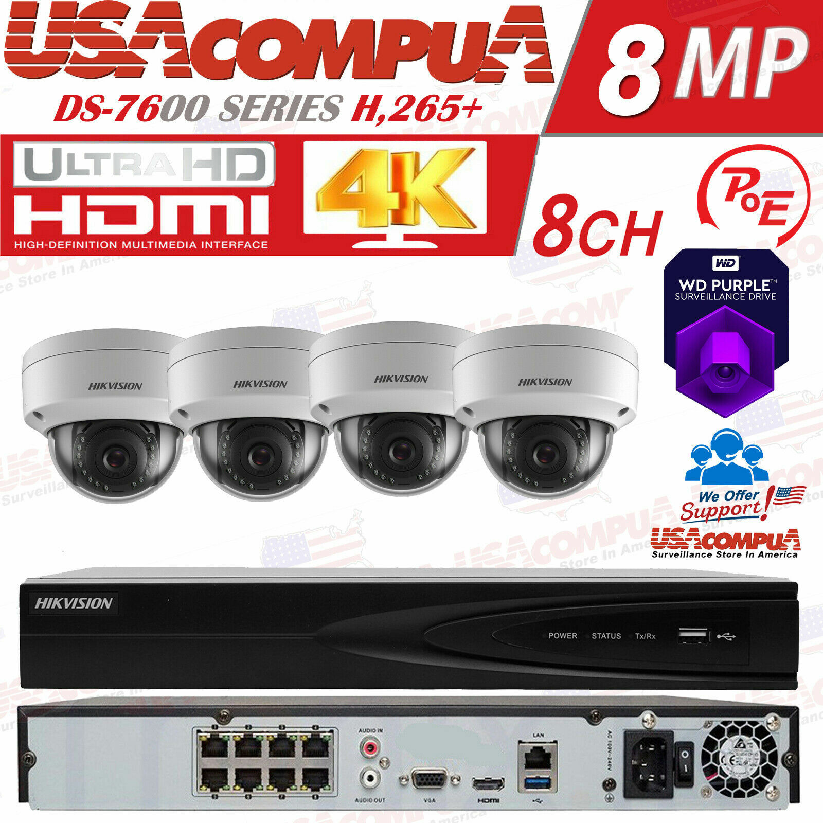 Hikvision NVR Kit 4 Cameras IP 4MP 2.8MM 2TB PURPLE W/8CH POE 4K-HDMI