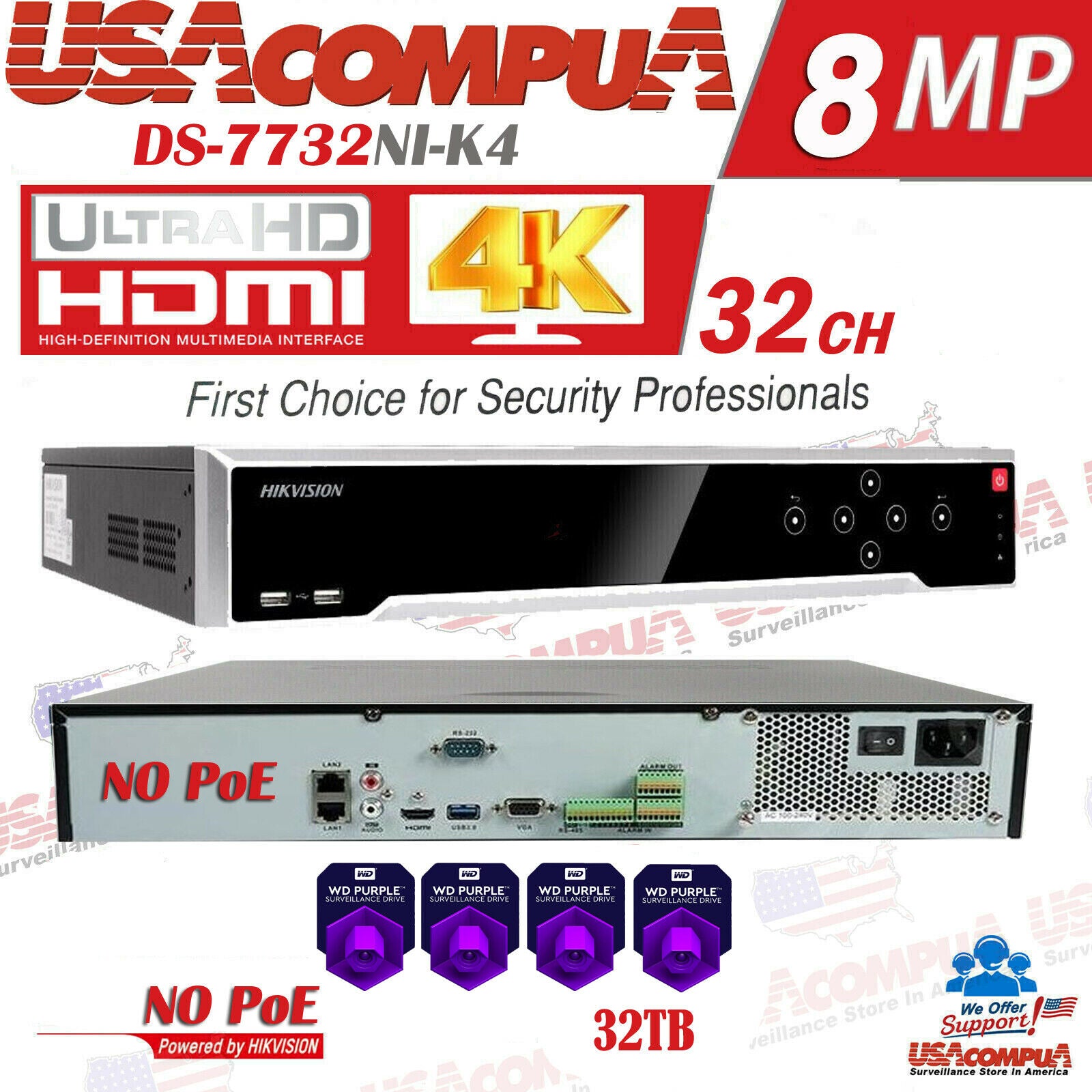 Hikvision 32 Channel 32CH 4K 8MP NVR (NO POE) DS-7732NI-K4 (Hard Drive Optional)