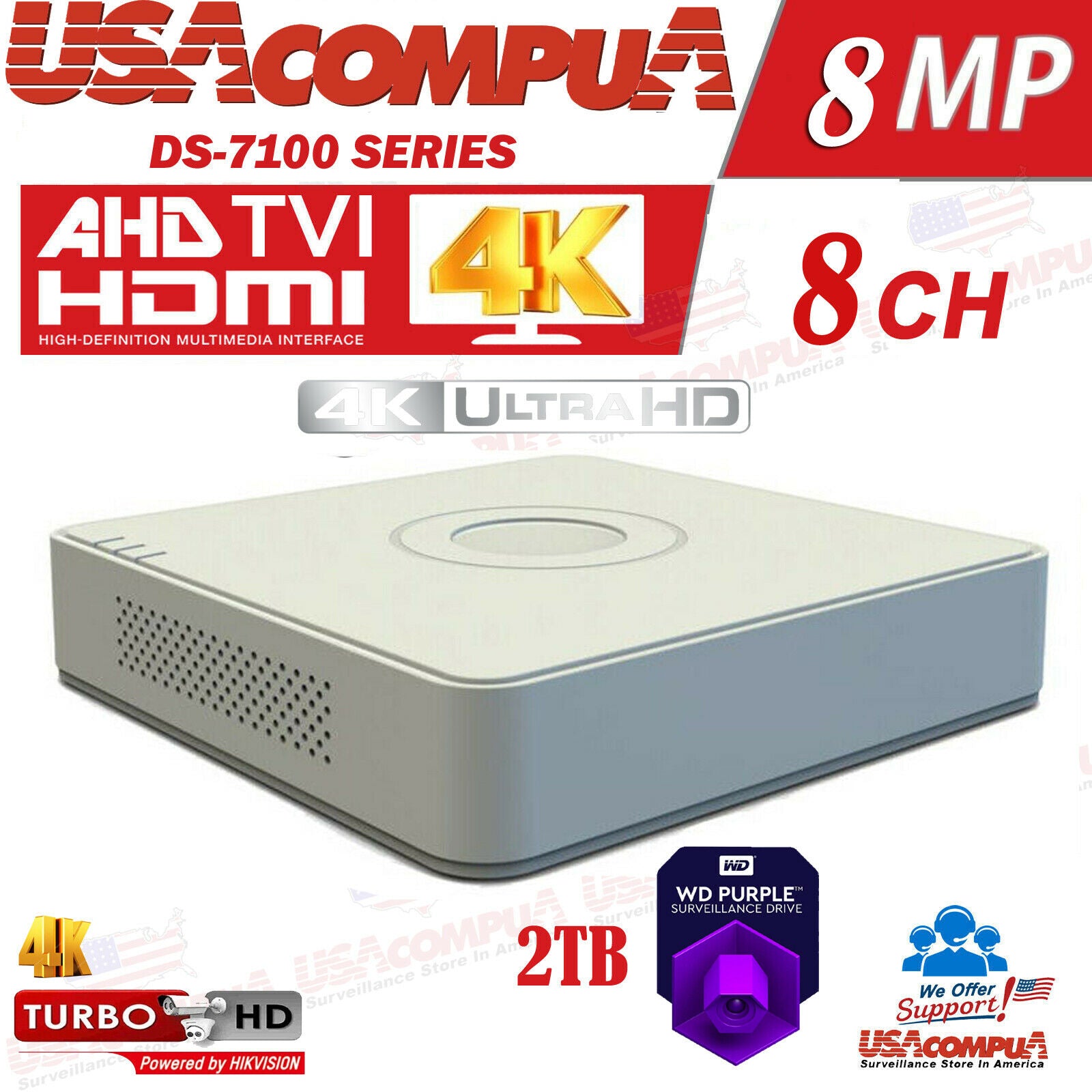 DS-7108HUHI-K1 HIKVISION 4K 8CH 8 MEGAPIXEL CHANNEL DVR AHD-TVI OPTIONAL HDD