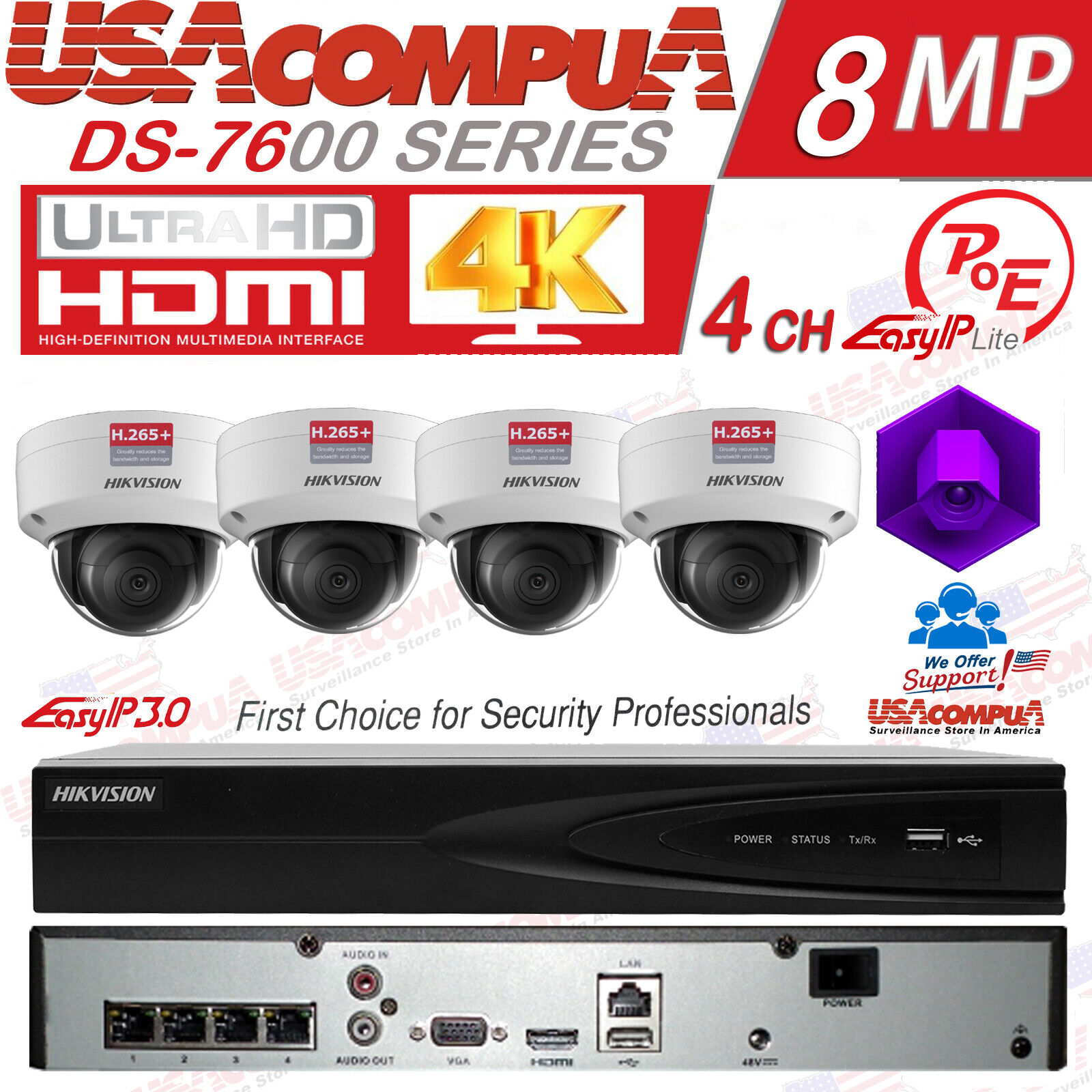 Hikvision 4 Channel 4K 8MP PoE NVR (4)x 4MP IP Dome W audio CCTV Security System