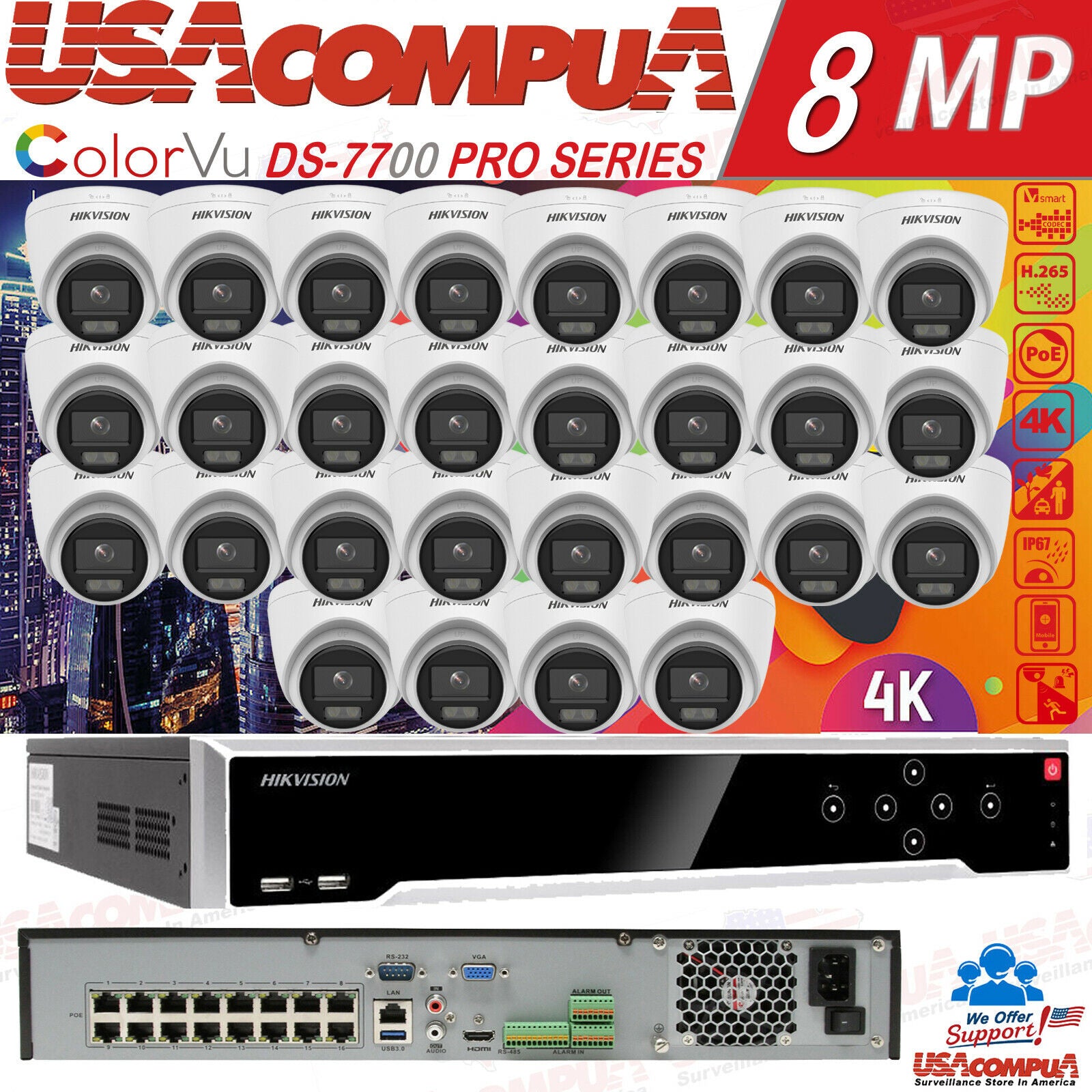 Hikvision 2MP 32CH 4K NVR System DS-2CD1327G0-L & DS-7732NI-K4/16P KIT/LOT