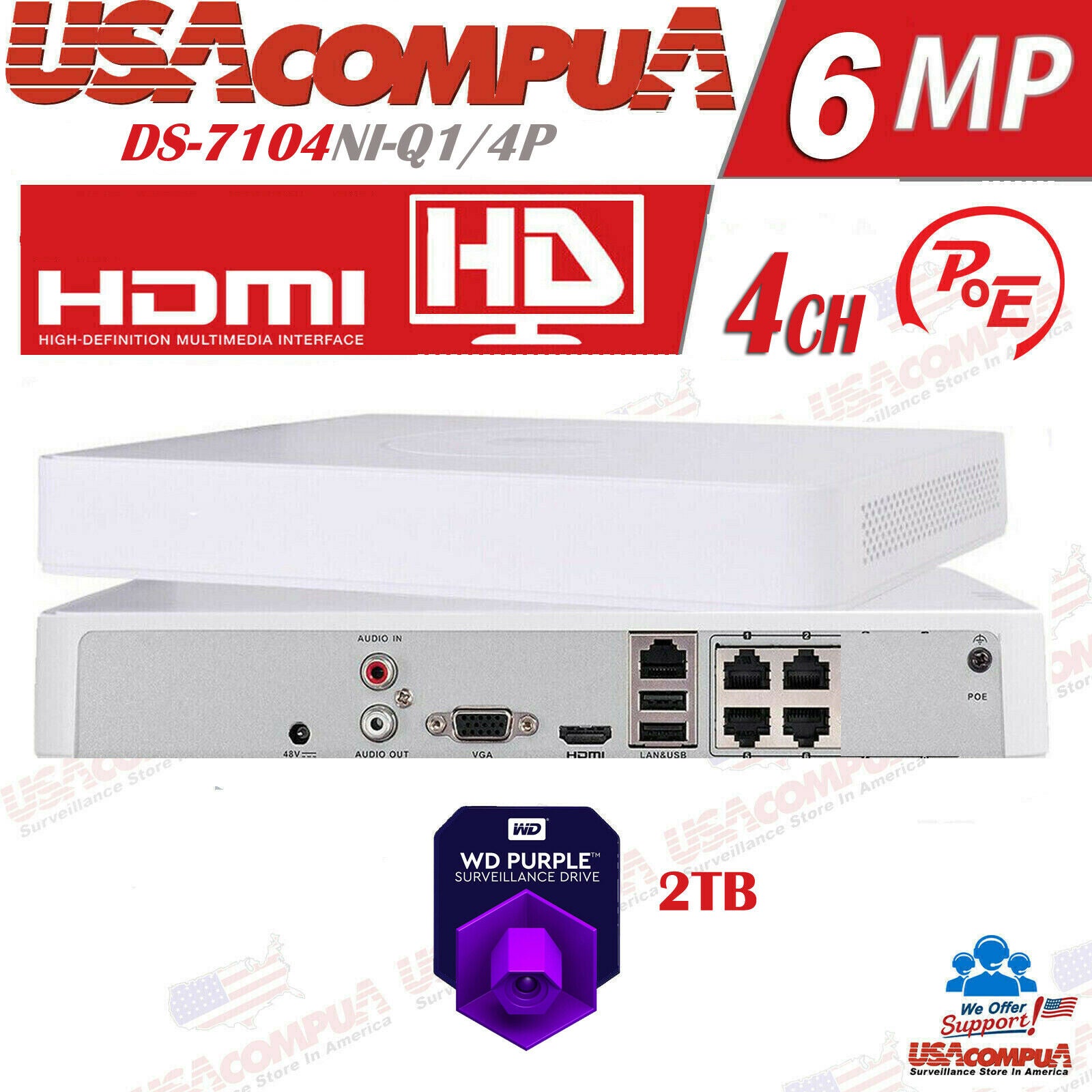 Hikvision 4CH POE 4 Channel NVR DS-7104NI-Q1/4P Original English W/Hard Drive