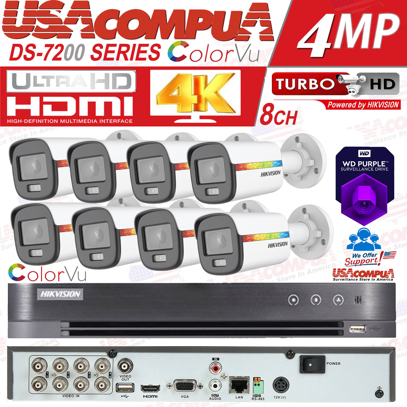 HIKVISION 4K Security Camera System CCTV Kit 8CH DVR W/ 1080P COLORVU