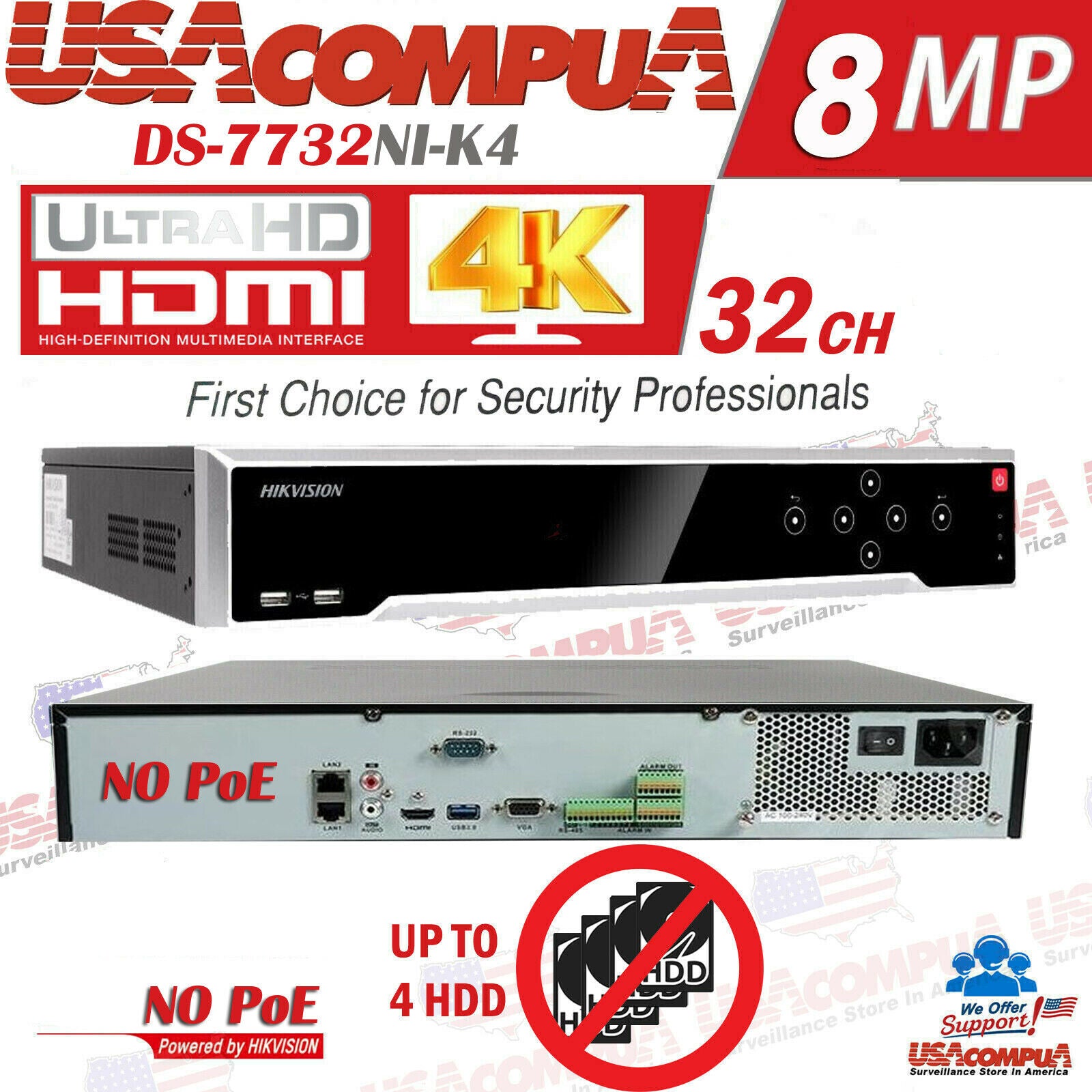 Hikvision 32 Channel 32CH 4K 8MP NVR (NO POE) DS-7732NI-K4 (Hard Drive Optional)