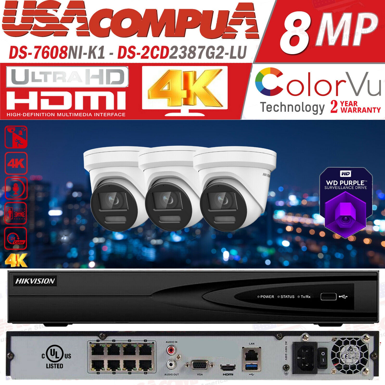 Hikvision 4K 8CH Security Camera System POE CCTV 8 MEGAPIXEL ColorVu W/Audio G2