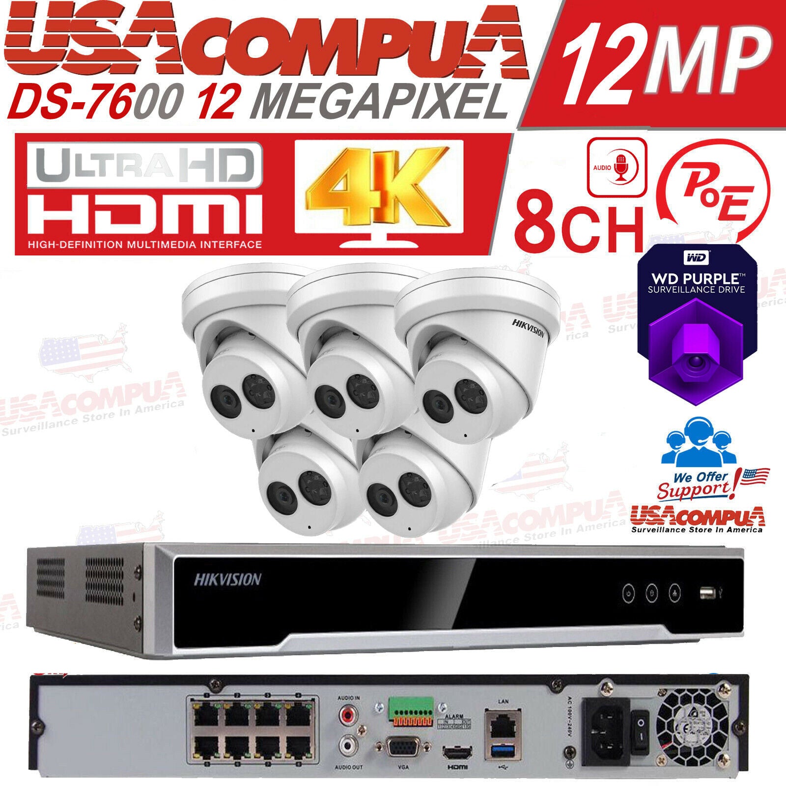 Hikvision Security Camera System NVR 8Ch 4K 12 Megapixel PoE 8MP Turret W audio