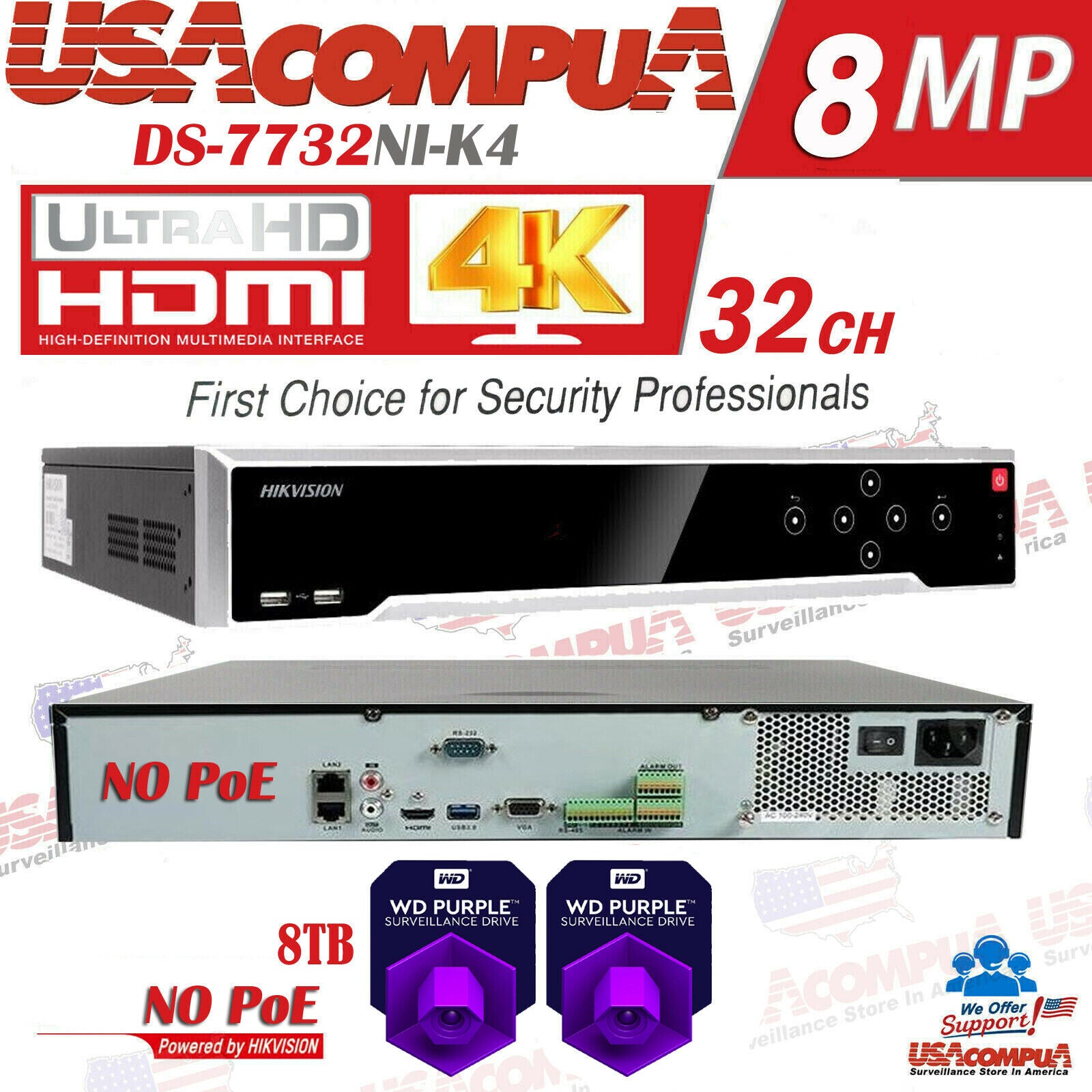 Hikvision 32 Channel 32CH 4K 8MP NVR (NO POE) DS-7732NI-K4 (Hard Drive Optional)