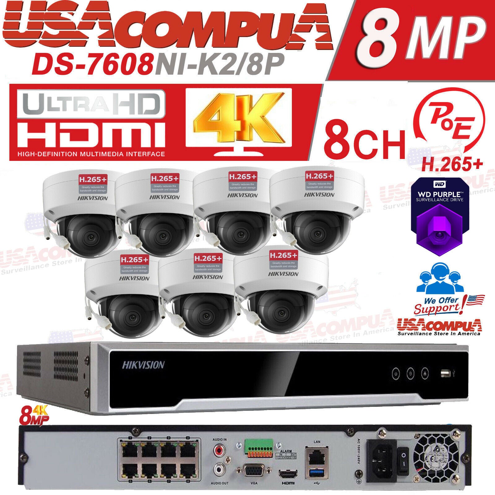 DS-2CD2183G0-I & DS-7616NI-K2 HIKVISION 4K security System Dome 8MP IP Camera