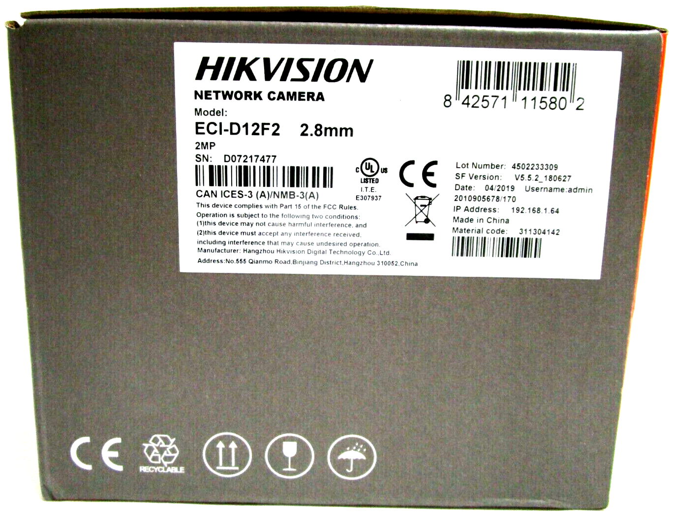 ECI-D14F2 Hikvision 4MP POE IP Network Camera 2.8MM Dome H265+ W/Audio / SD-Card