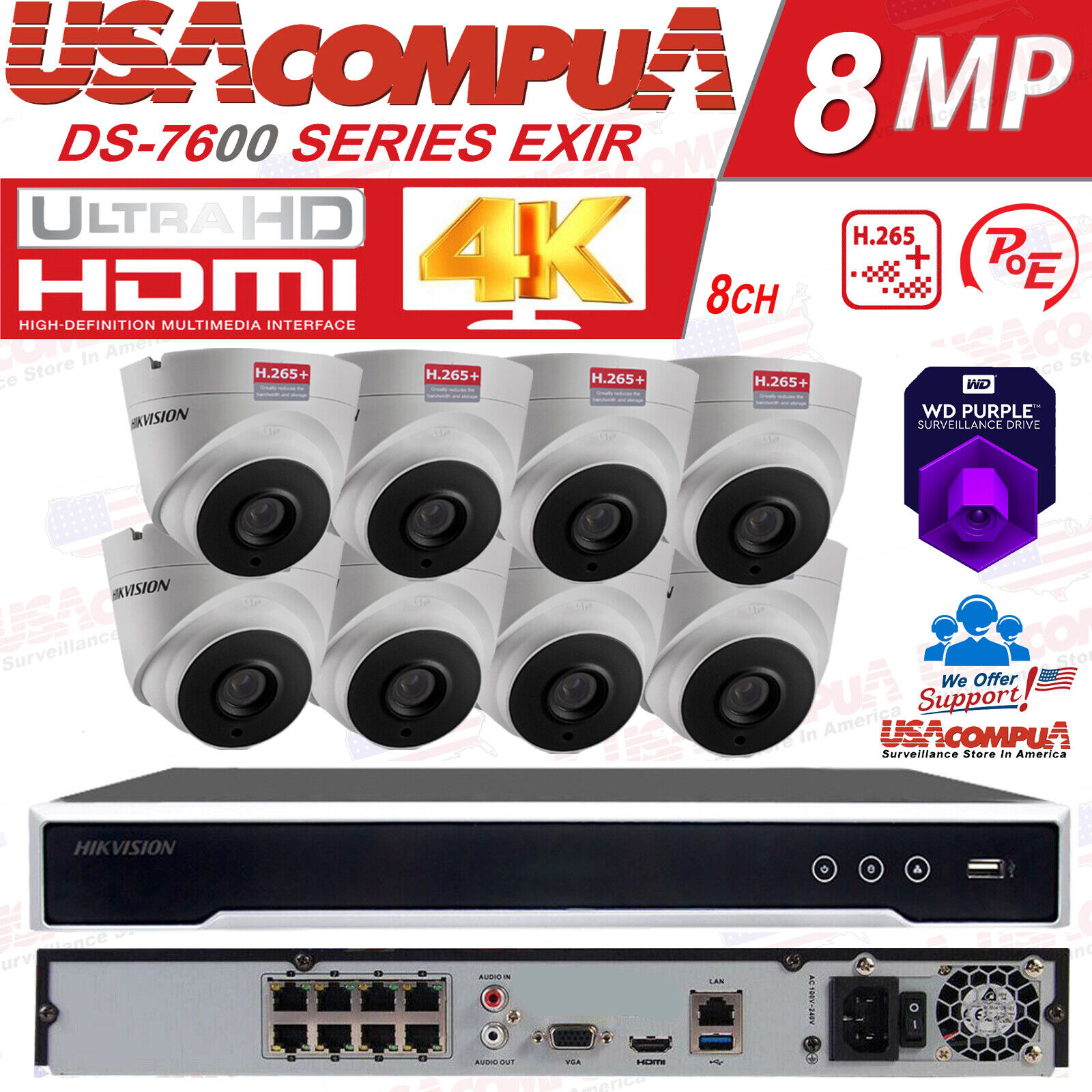 Hikvision 8 Channel 4K CCTV Security Camera System 8MP PoE 4MP IP Dome kit 2TB