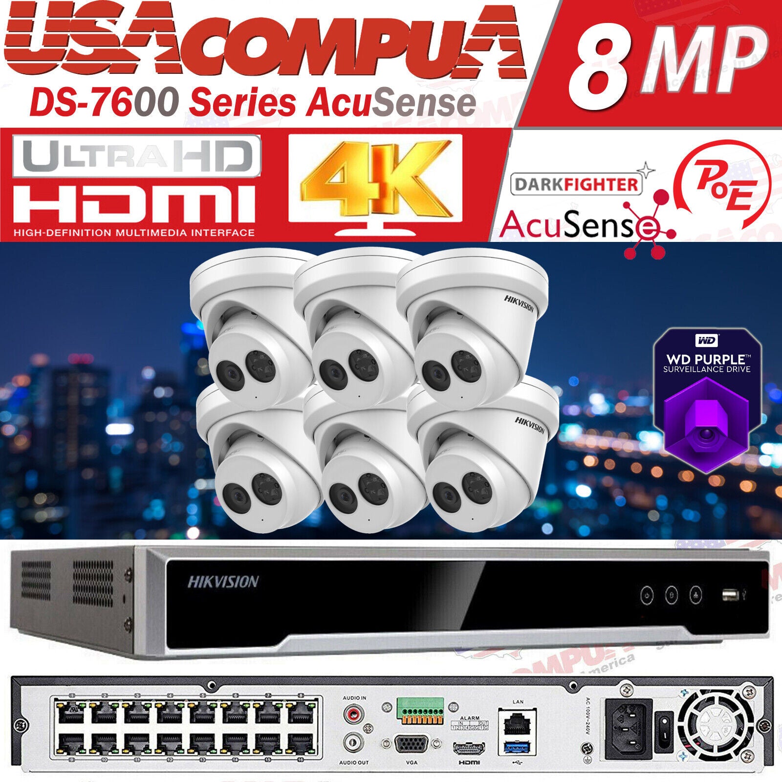 Hikvision NVR 4K 16CH 16POE CCTV System 8MP AcuSense MIC Security IP Camera 4TB