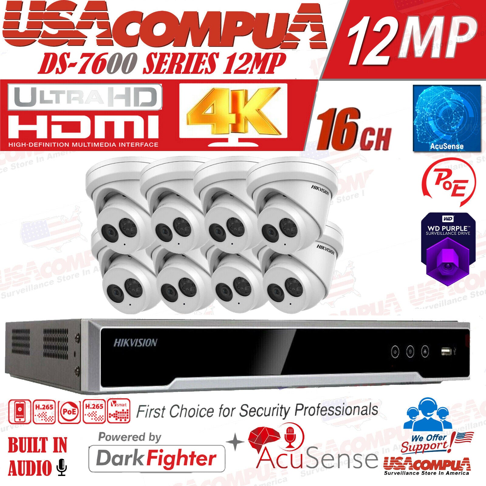 Hikvision Acusense 4K 16ch PoE CCTV System 8MP Mic IP Camera DS-2CD2383G2-IU Lot