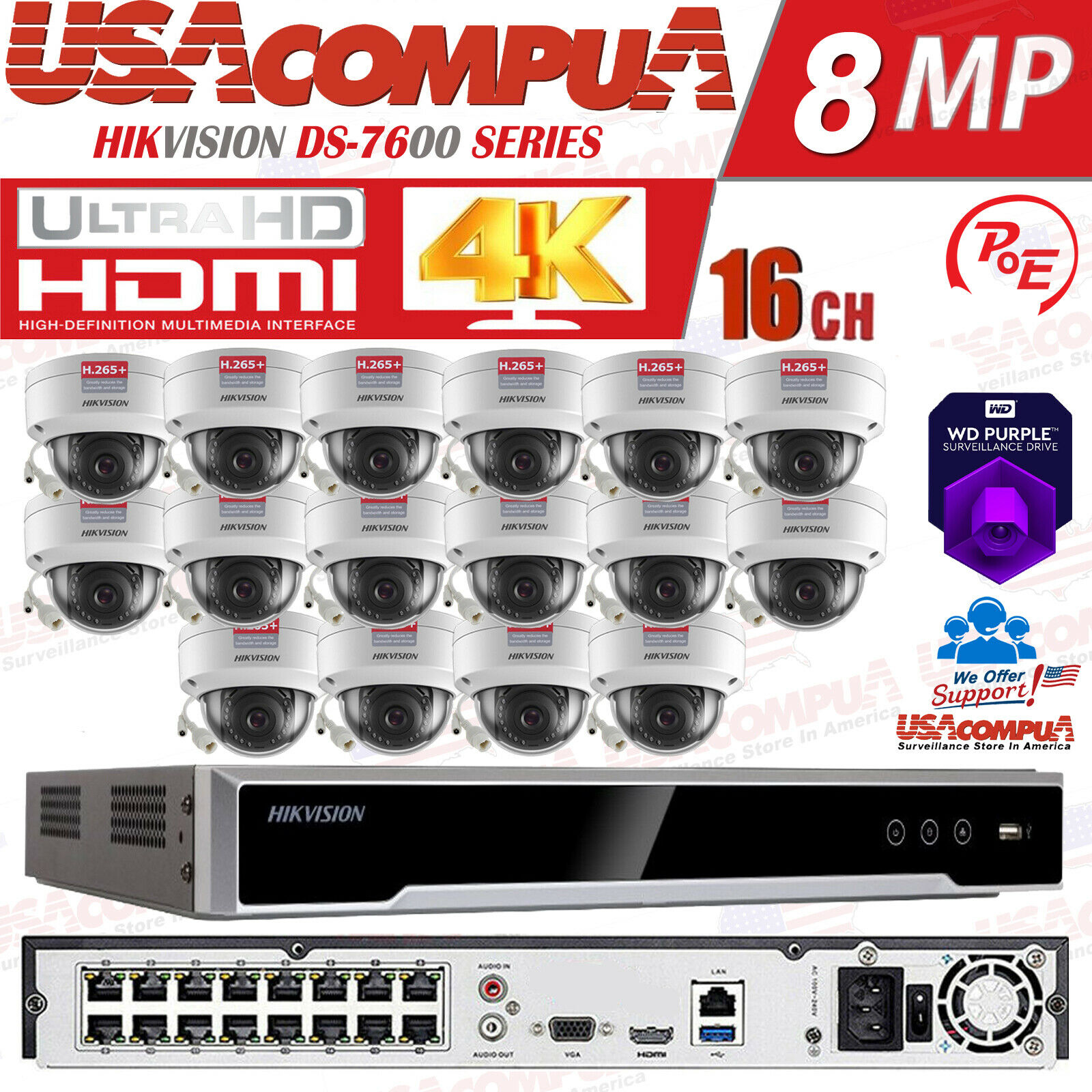 Hikvision 2MP 16CH 4K NVR System DS-2CD1123G0-I & DS-7616NI-Q2 KIT/LOT