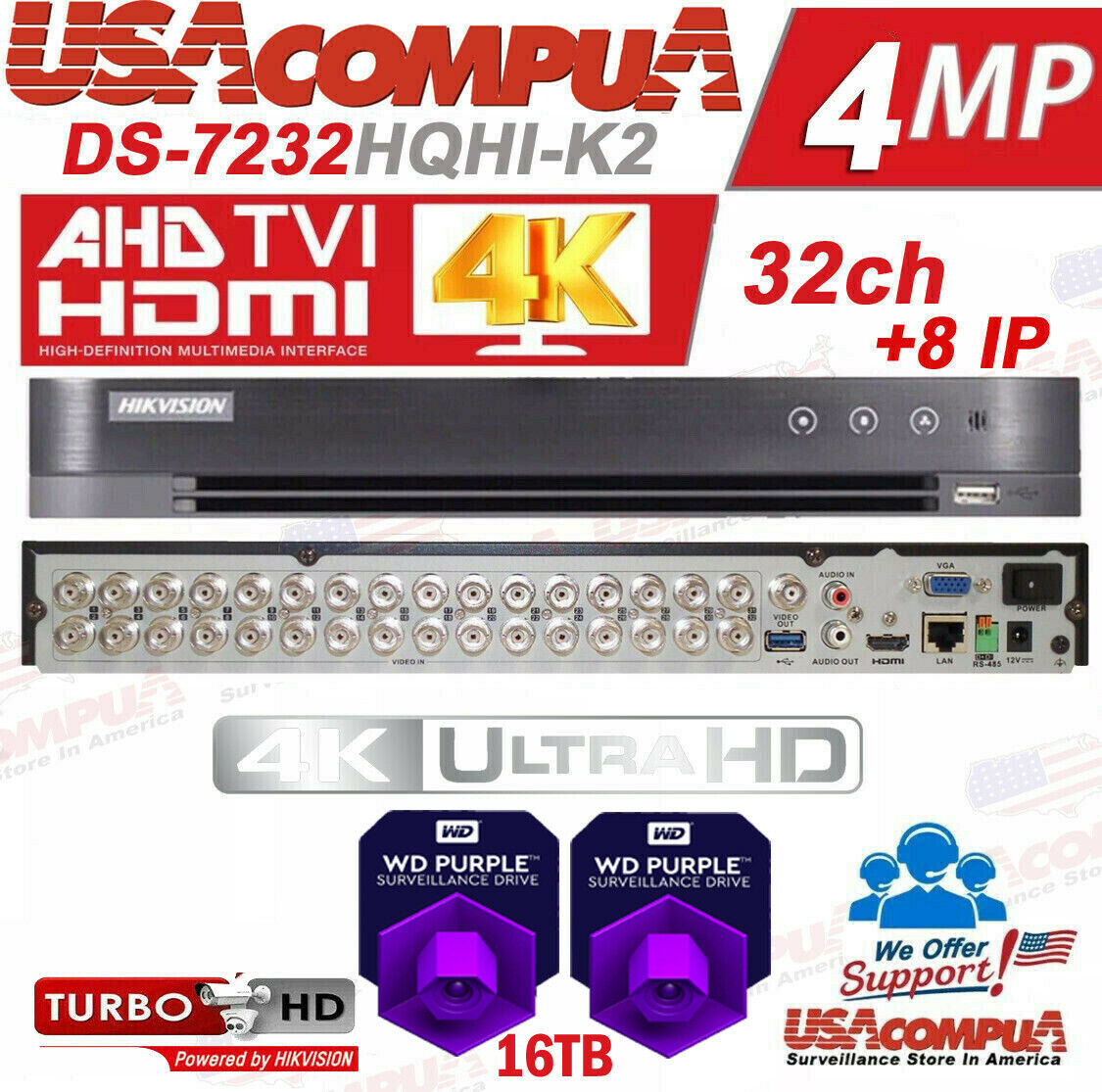 Hikvision 32 CH DVR DS-7232HQHI-K2 4MP Series TurboHD Tribrid (OPTIONAL HDD)