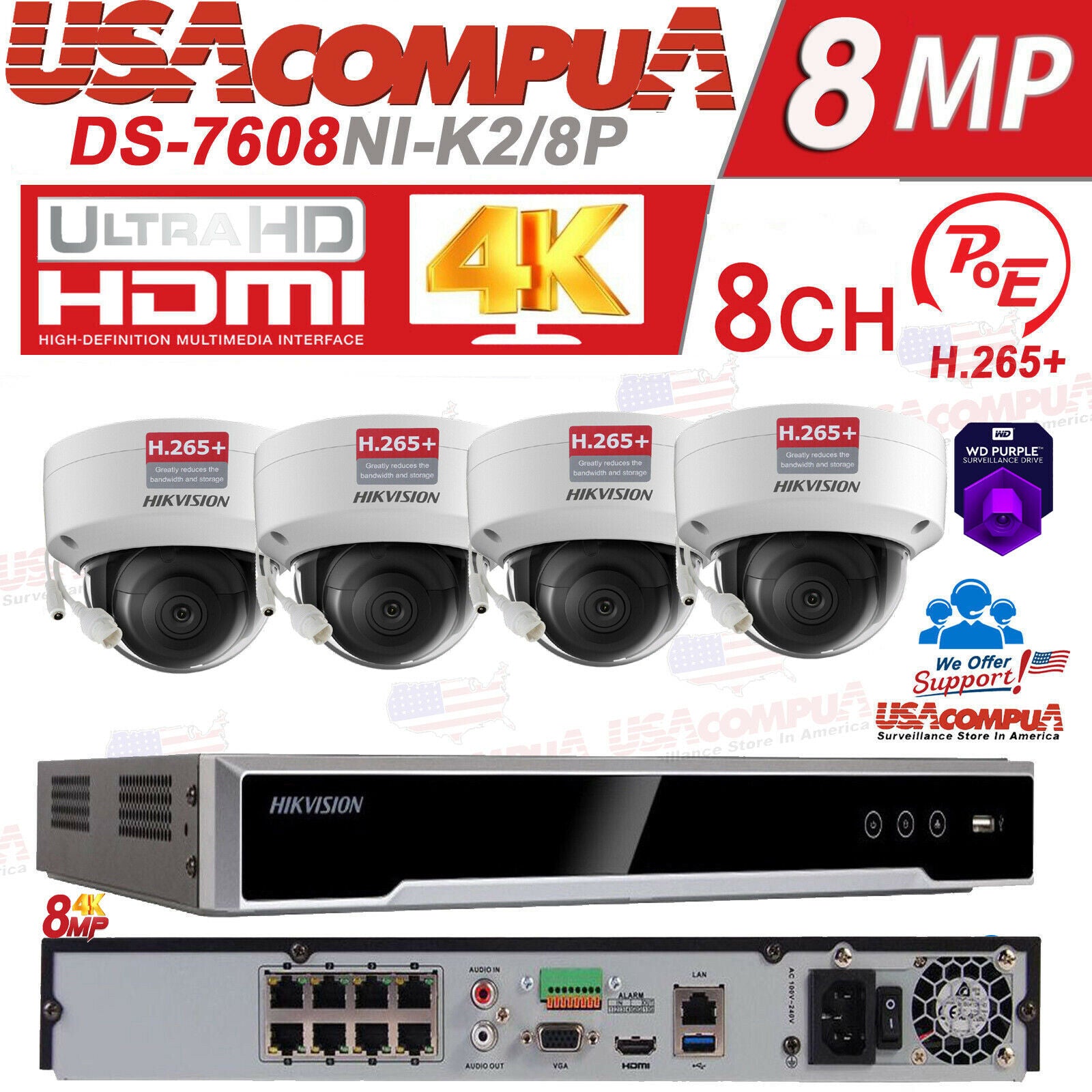 DS-2CD2183G0-I & DS-7616NI-K2 HIKVISION 4K security System Dome 8MP IP Camera