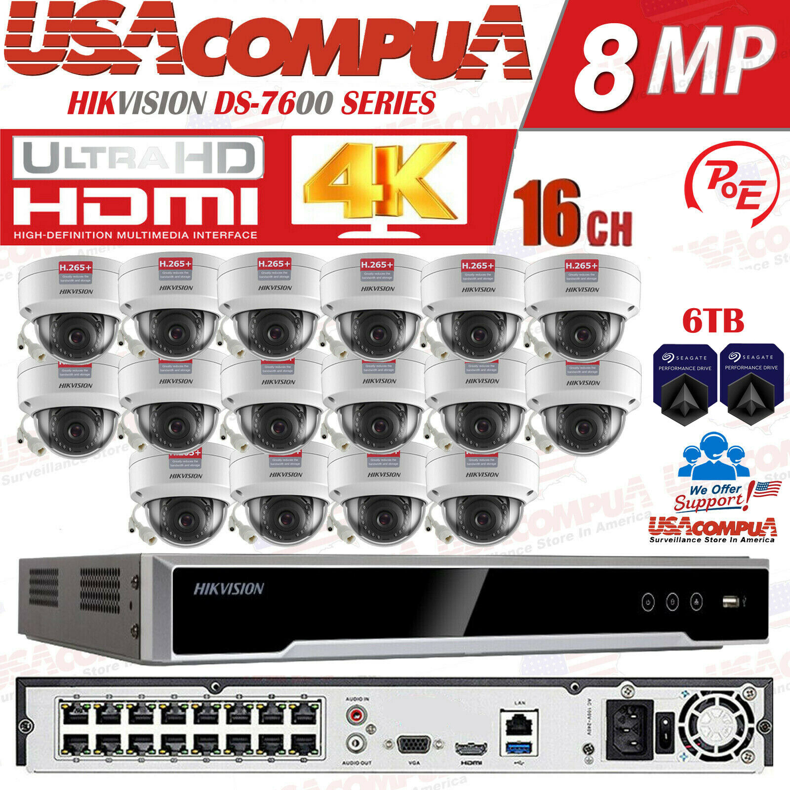 Hikvision DS-7616NI-Q2/16P 16CH 4K 8MP NVR 16 x 4MP Dome IP POE Camera System