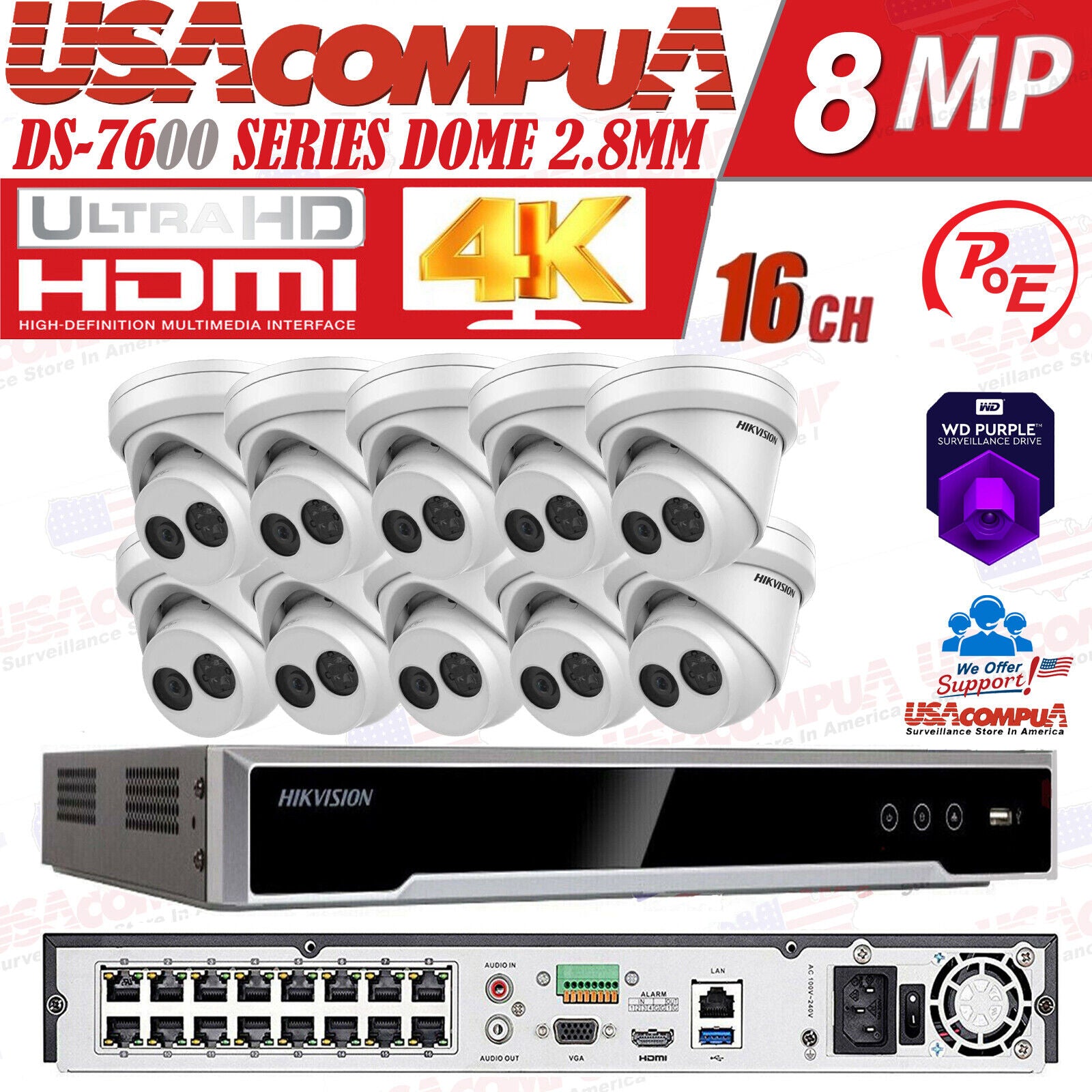 DS-2CD2383G0-IU & DS-7616NI-Q2 Hikvision 16CH 16POE NVR 4MP Turret Mic IP Camera