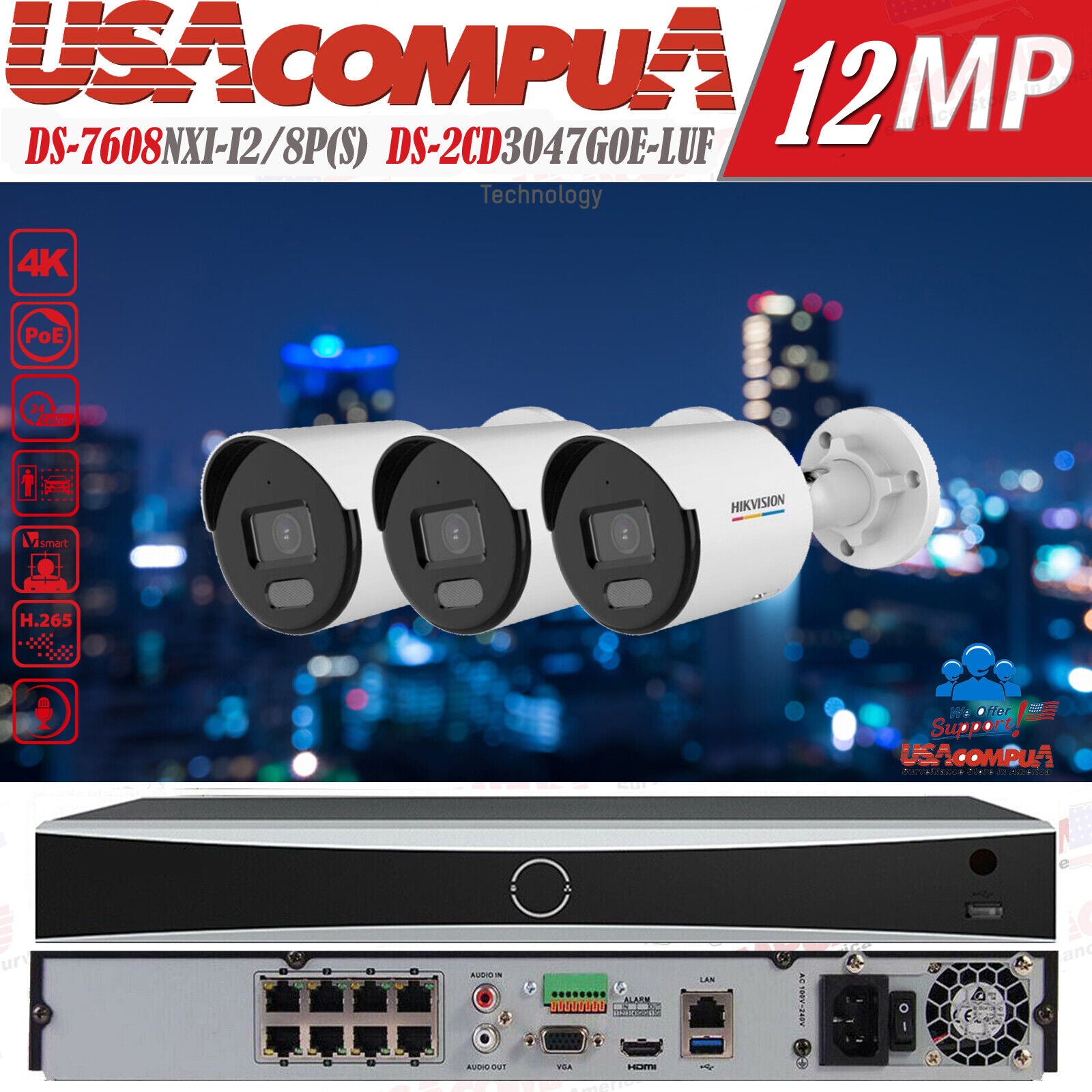 Hikvision 4K 8CH AcuSense Security Camera System 4MP Darkfigther Bullet W/Audio