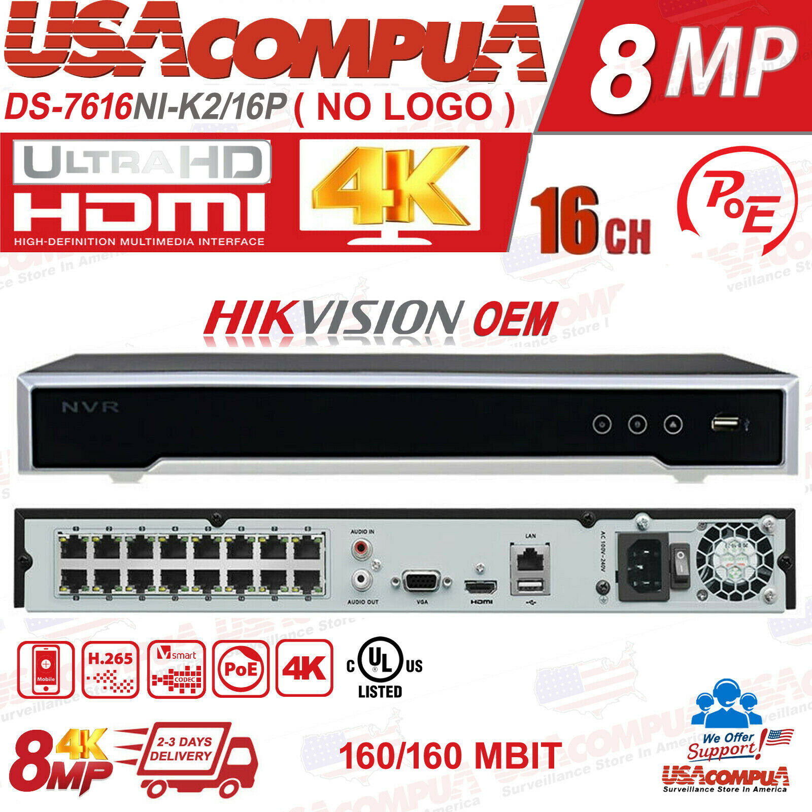 HIKVISION OEM NVR 16CH 16 POE 4K Channel security H.265 DS-7616NI-K2/16P (UL)